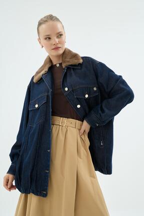 senna 40011 SOUL KÜRKLÜ DENİM CEKET Koyu Mavi