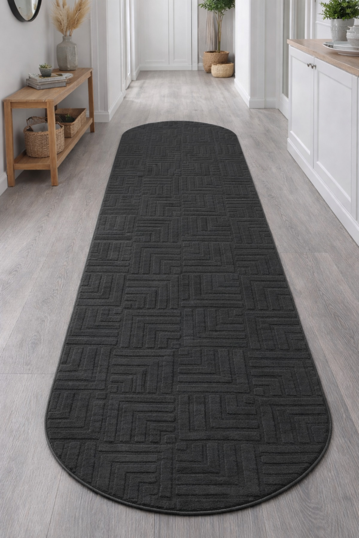 Çeşme Oval Cut Relief Non-Slip Floor Washable Living Room Kitchen Corridor Carpet Runner Rug ANTHRACITE