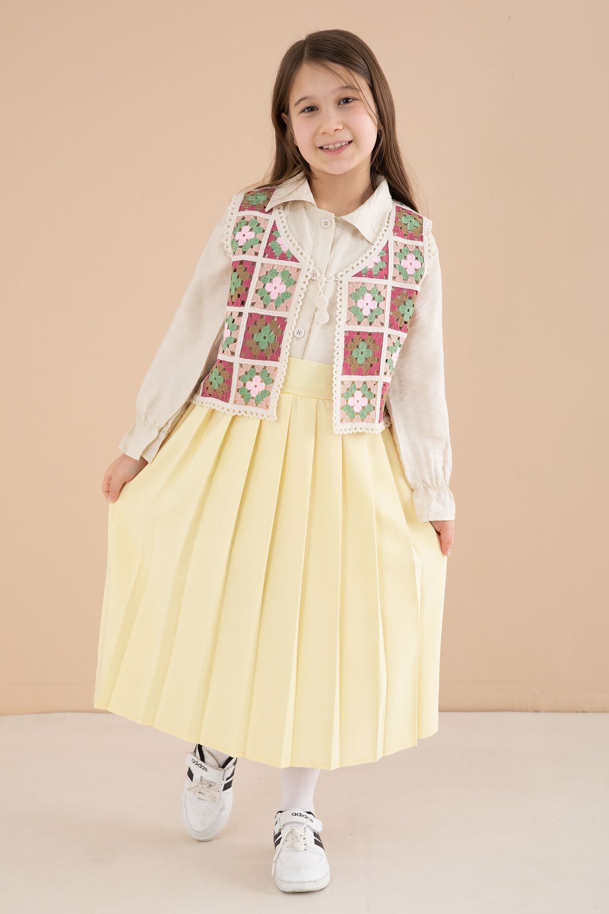 Yellow Flower Pattern Knitted Sweater Shirt Girl Skirt 3pcs Set 23582