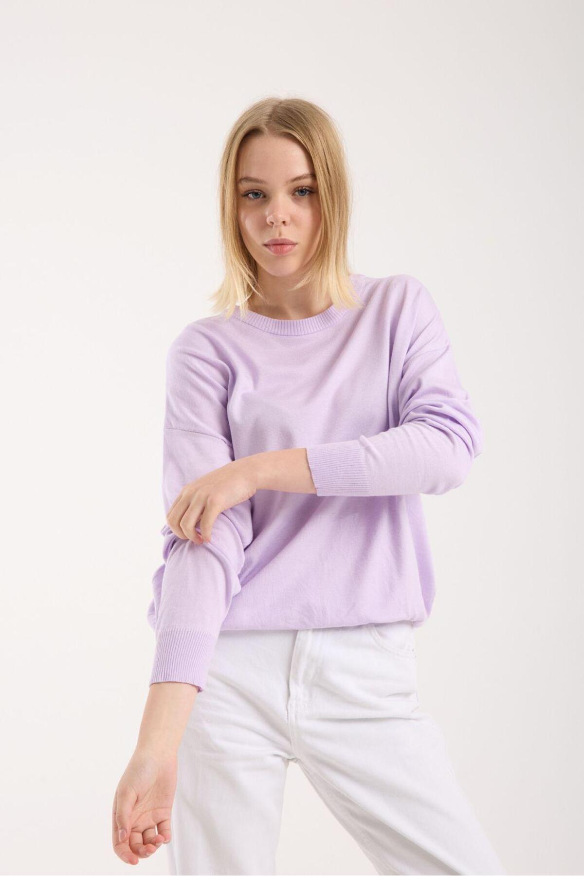 sumoda  Kadın Triko Kazak Yumuşak Doku Bisiklet Yaka Basic - Görsel 4