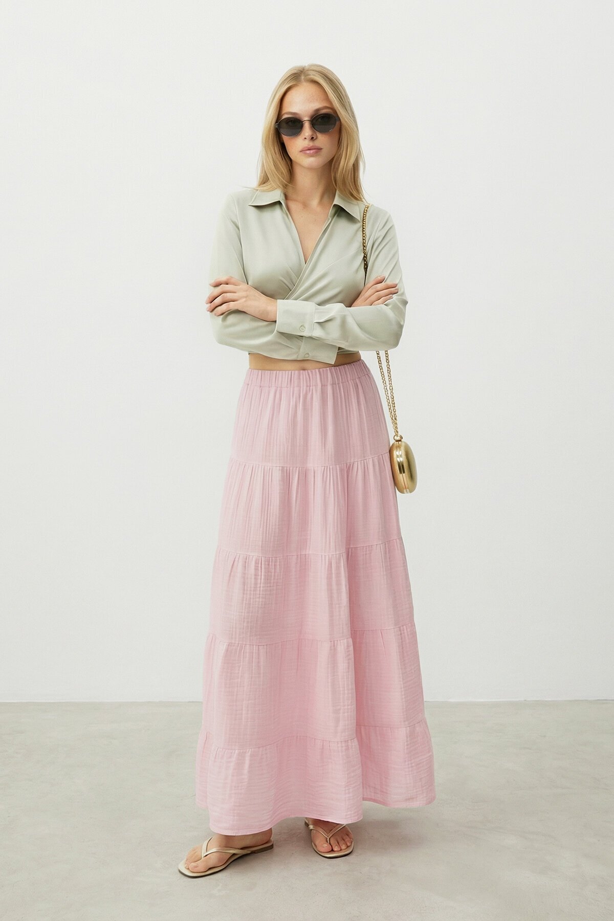 VAGGON  Beli Lastikli Katlı Midi Etek - Görsel 4