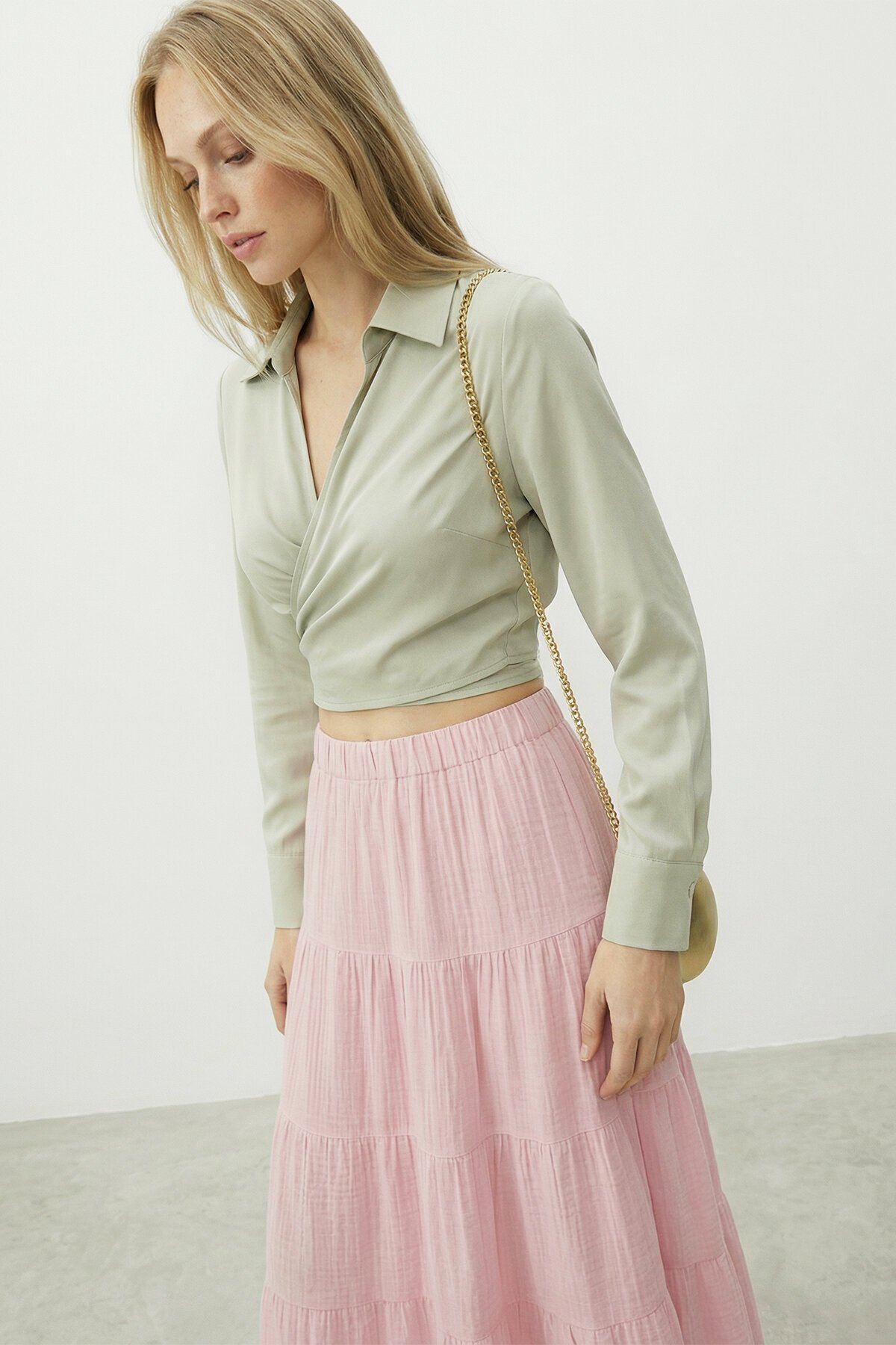 VAGGON  Beli Lastikli Katlı Midi Etek - Görsel 3