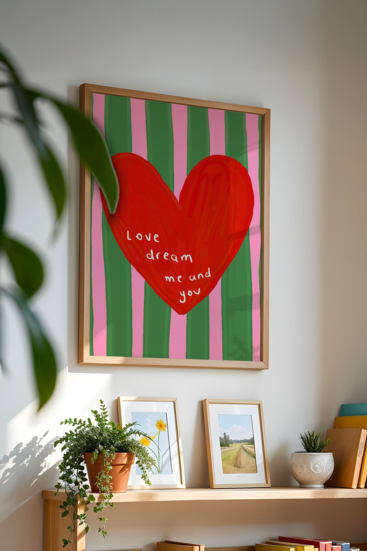 Çizgili Kırmızı Kalp Poster Romantik Duvar Dekoru Çerçevesiz