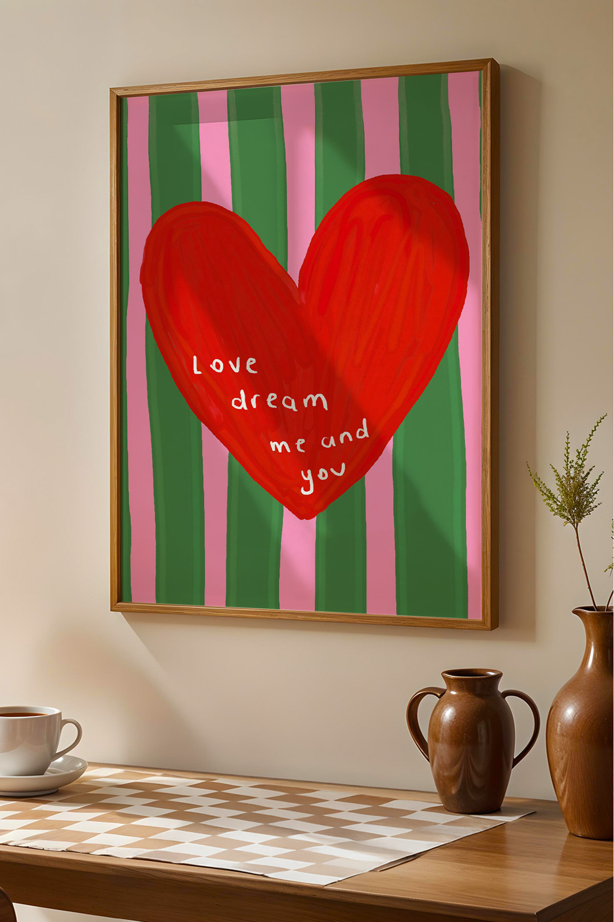 Çizgili Kırmızı Kalp Poster Romantik Duvar Dekoru Çerçevesiz