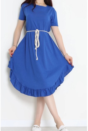 DuRu LiNe ✨ Kuşaklı Oversize Mavi Midi Elbise