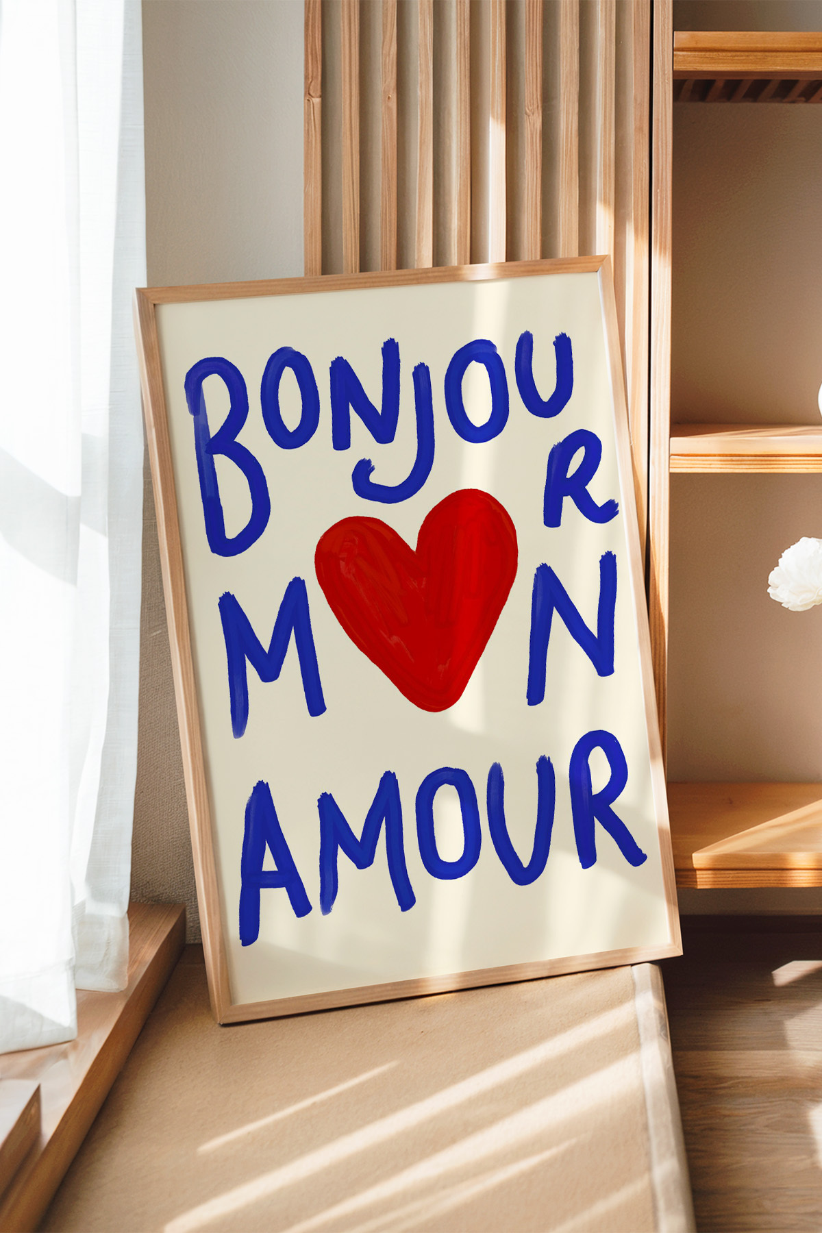 Kırmızı Kalp Figürlü Bonjour Mon Amour Yazılı Poster Çerçevesiz