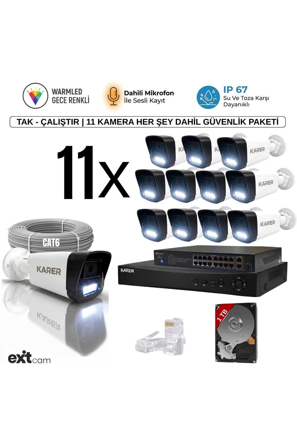 11'li IP KAMERA-POELİ-5MP-ULTRA HD-4K 1920 ÇÖZÜNÜRLÜK-SESLİ-GECE RENKLİ GÖRÜŞ-İNSAN ve PLAKA ALGILAM Görsel 1
