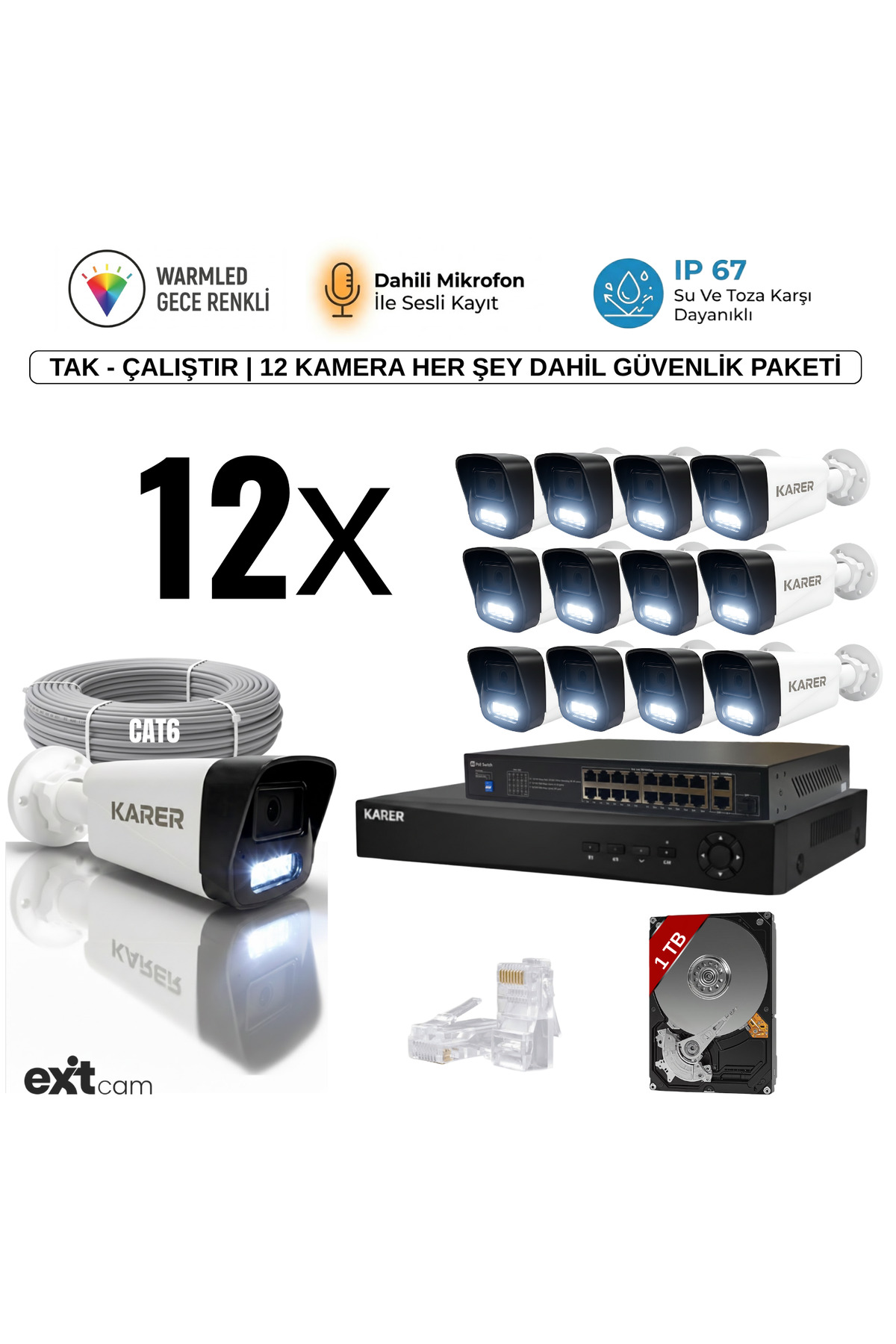 12'li IP KAMERA-POELİ-5MP-ULTRA HD-4K 1920 ÇÖZÜNÜRLÜK-SESLİ-GECE RENKLİ GÖRÜŞ-İNSAN ve PLAKA ALGILAM Görsel 1