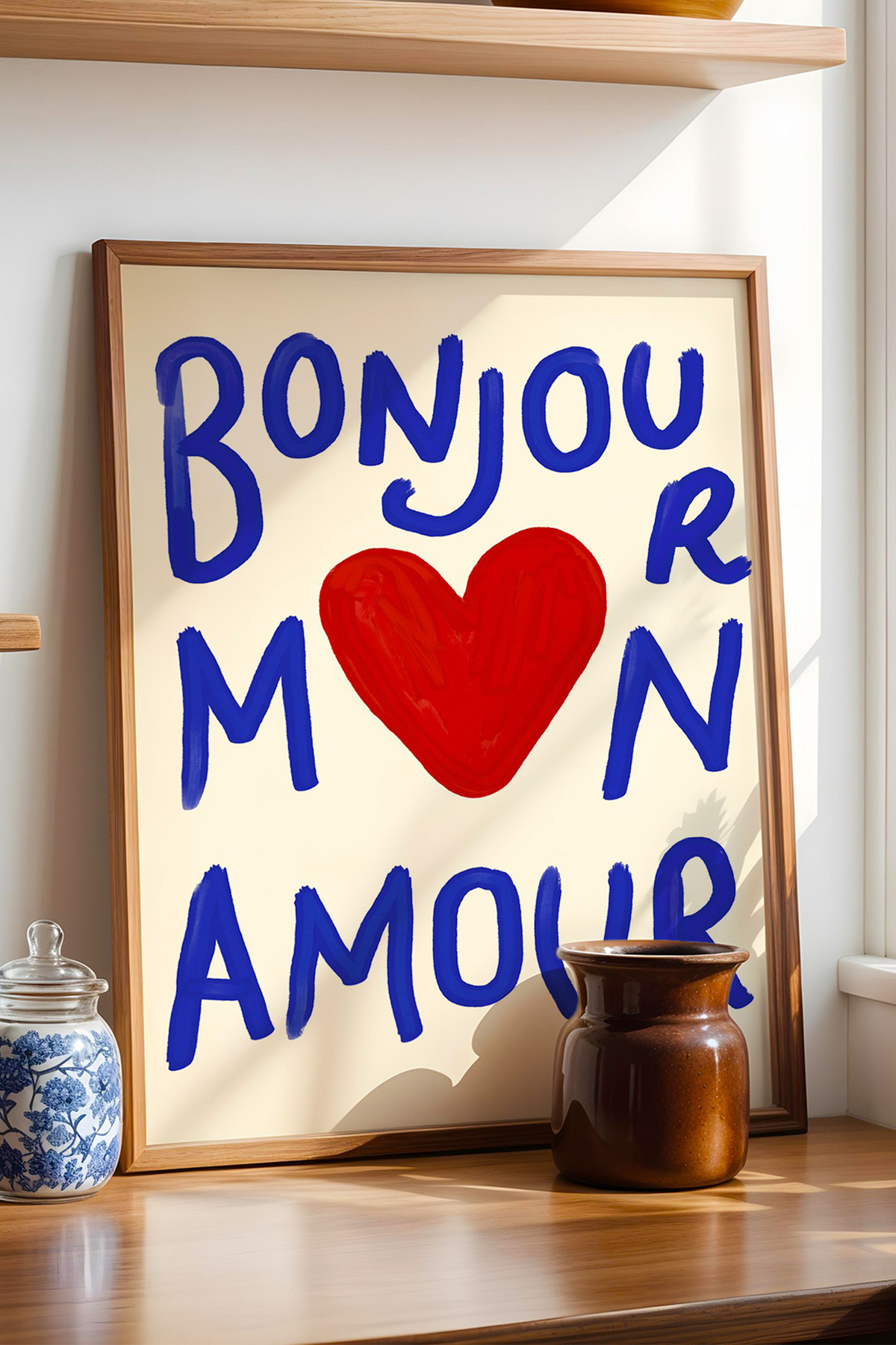 Kırmızı Kalp Figürlü Bonjour Mon Amour Yazılı Poster Çerçevesiz