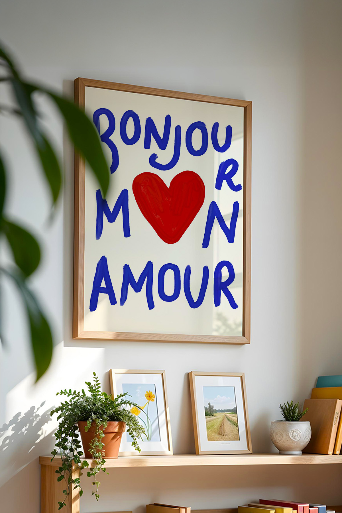 Kırmızı Kalp Figürlü Bonjour Mon Amour Yazılı Poster Çerçevesiz