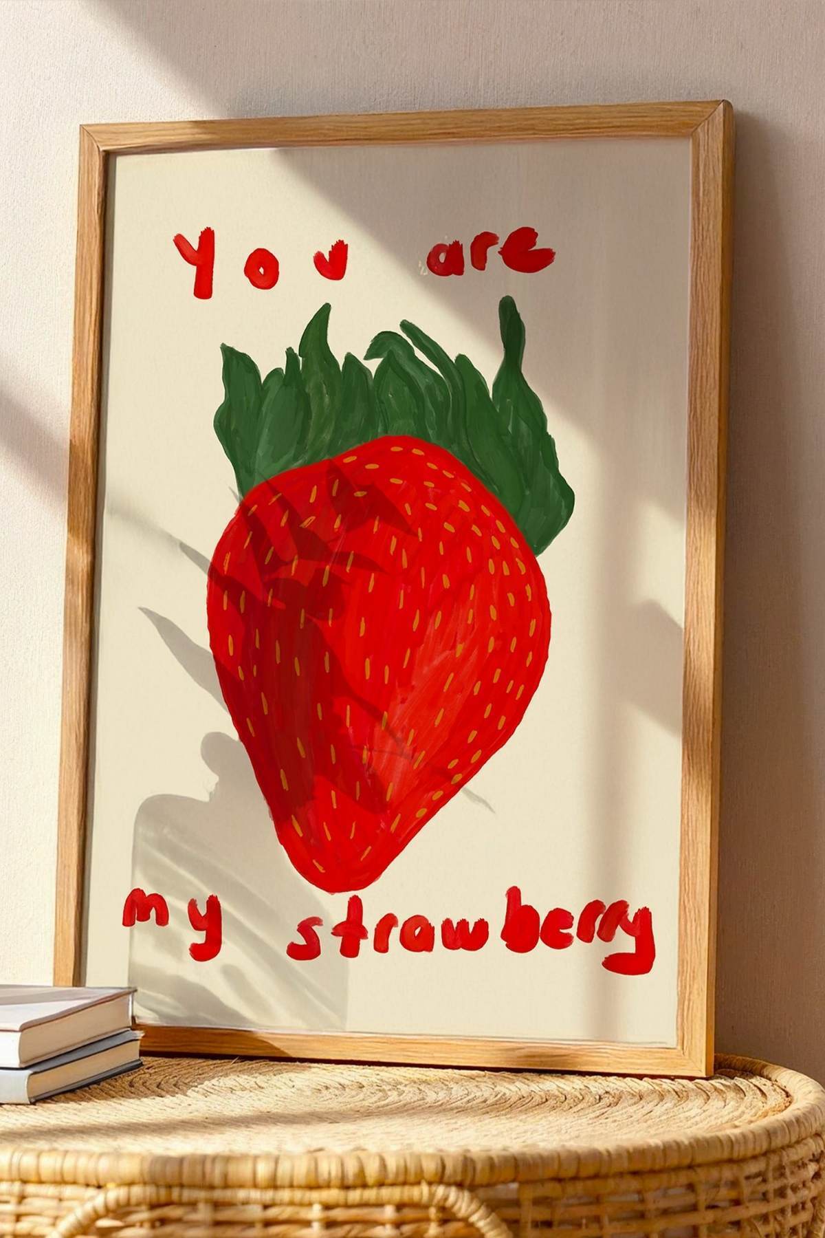 Kırmızı Çilek Poster Romantik Yazılı Tablo Çerçevesiz
