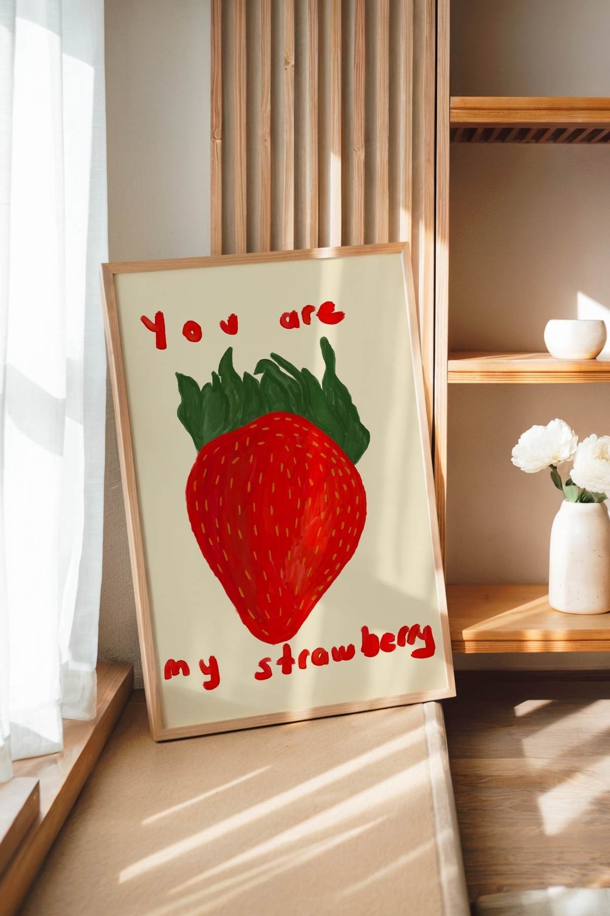 Kırmızı Çilek Poster Romantik Yazılı Tablo Çerçevesiz