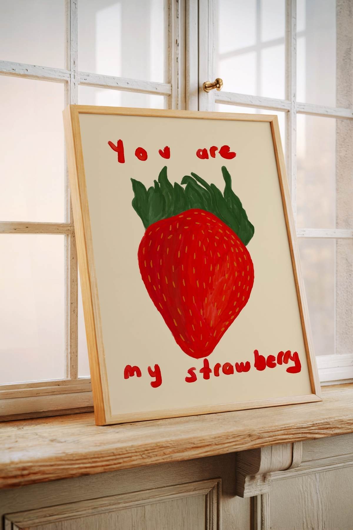 Kırmızı Çilek Poster Romantik Yazılı Tablo Çerçevesiz