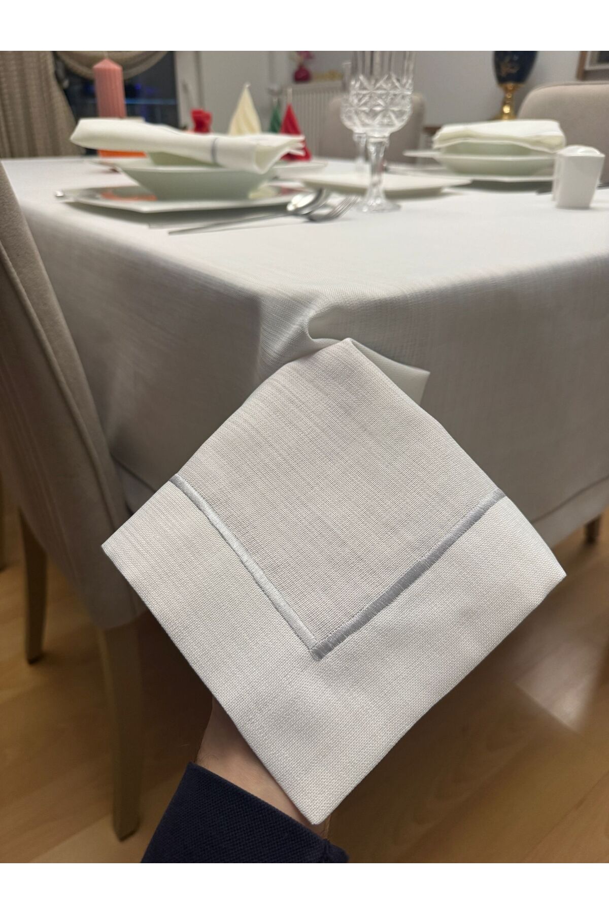 Silver Rope Pico Detailed Polyester Linen Carefree Tablecloth Off White