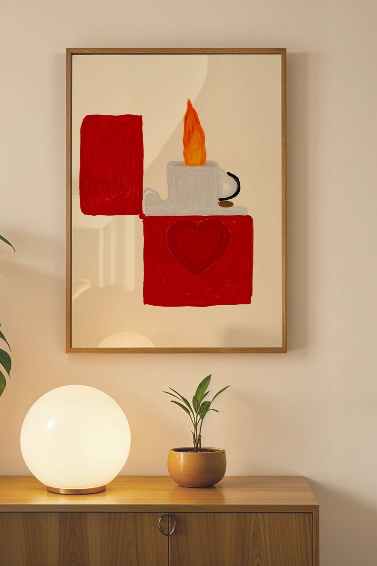 Kırmızı Çakmak ve Kalp Poster Minimal Modern Tablo Salon Duvar Dekoru Çerçevesiz