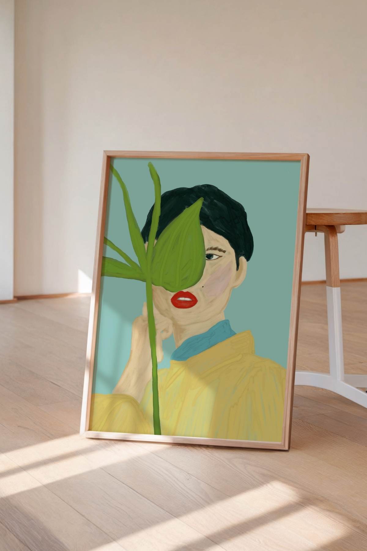 Yapraklı Kadın Portre Poster Soyut Modern Sanat Dekoratif Duvar Tablosu Çerçevesiz