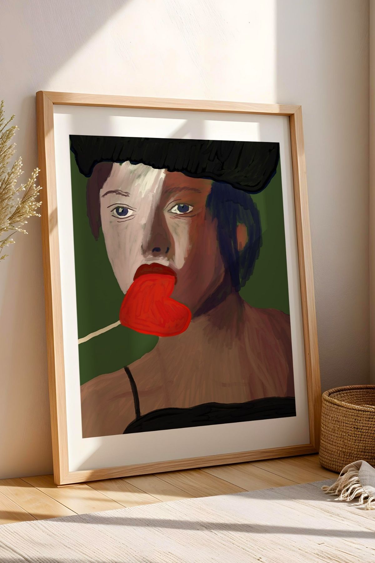 Kırmızı Kalpli Kadın Portre Tablo Posteri Modern Duvar Tablosu Çerçevesiz