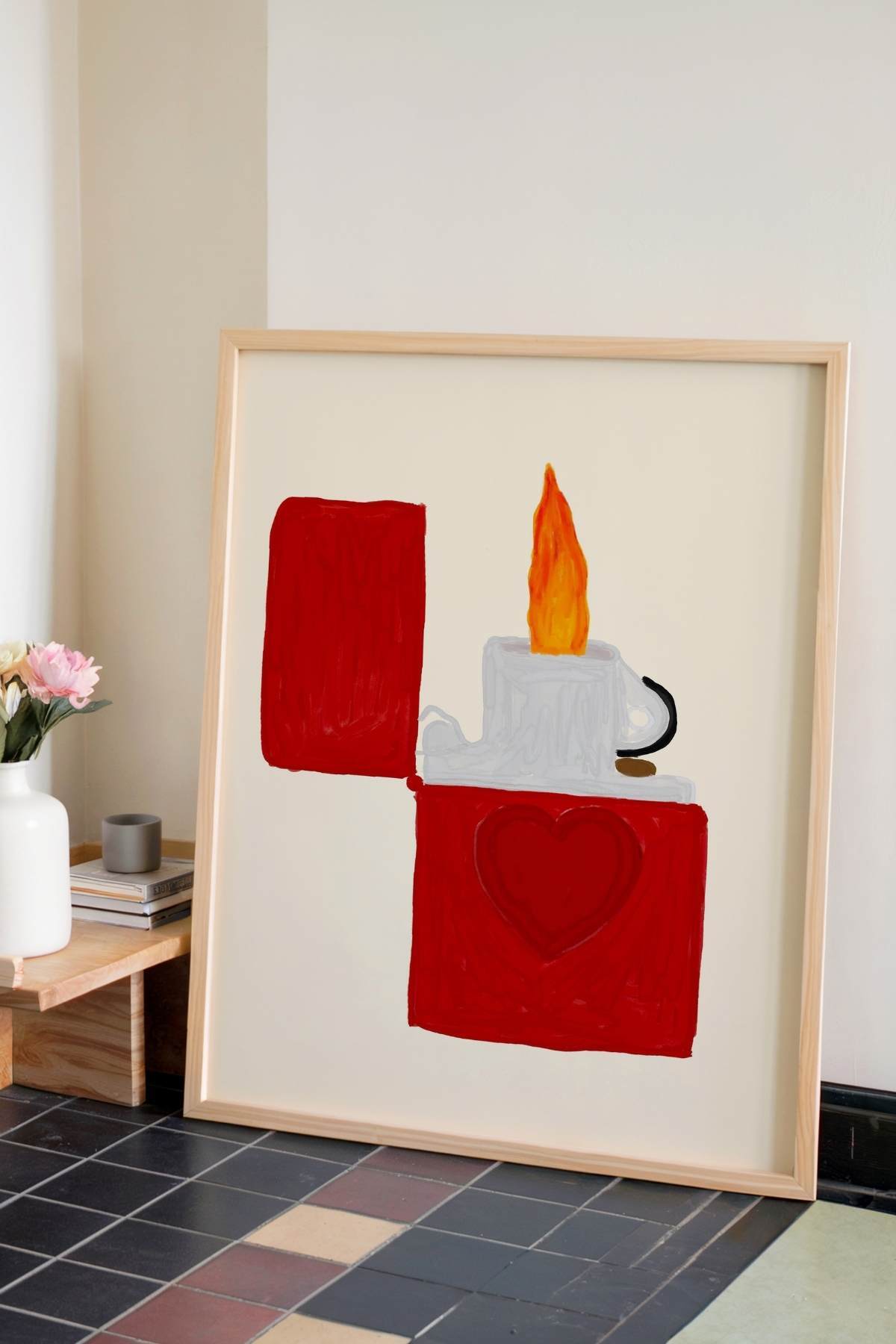 Kırmızı Çakmak ve Kalp Poster Minimal Modern Tablo Salon Duvar Dekoru Çerçevesiz