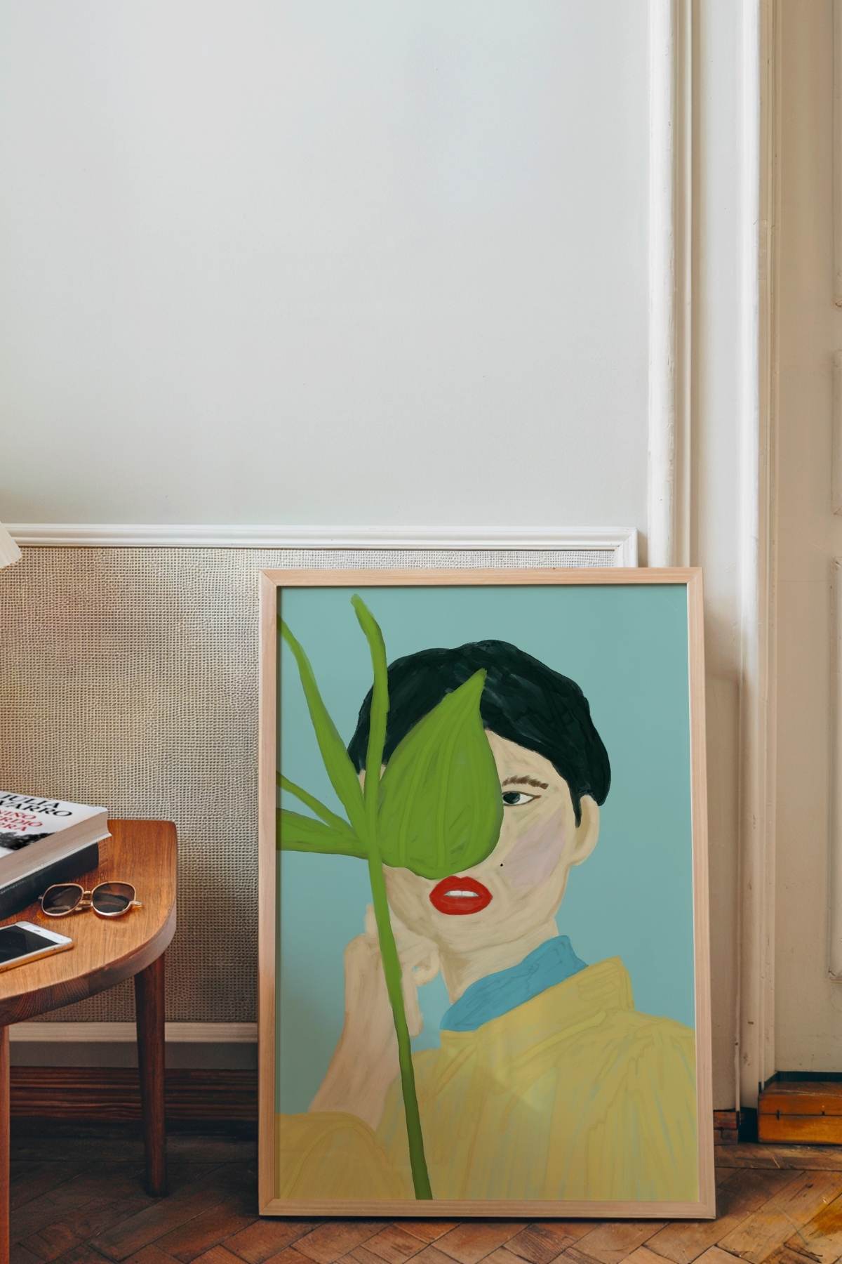 Yapraklı Kadın Portre Poster Soyut Modern Sanat Dekoratif Duvar Tablosu Çerçevesiz