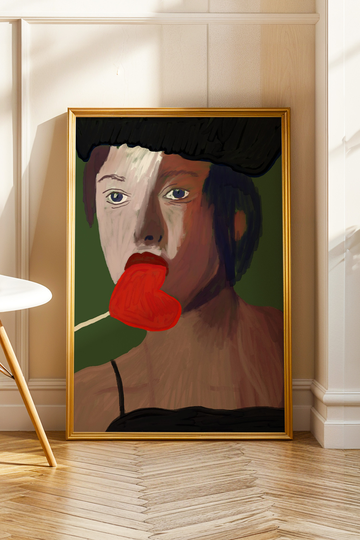 Kırmızı Kalpli Kadın Portre Tablo Posteri Modern Duvar Tablosu Çerçevesiz