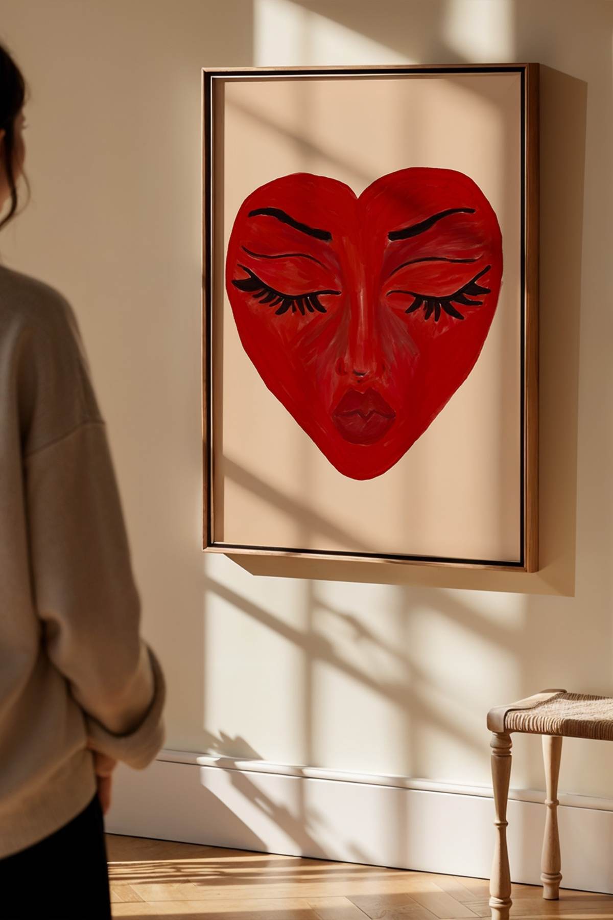 Kırmızı Kalp Yüz Figürlü Poster Soyut Modern Sanat Dekoratif Duvar Tablosu Çerçevesiz