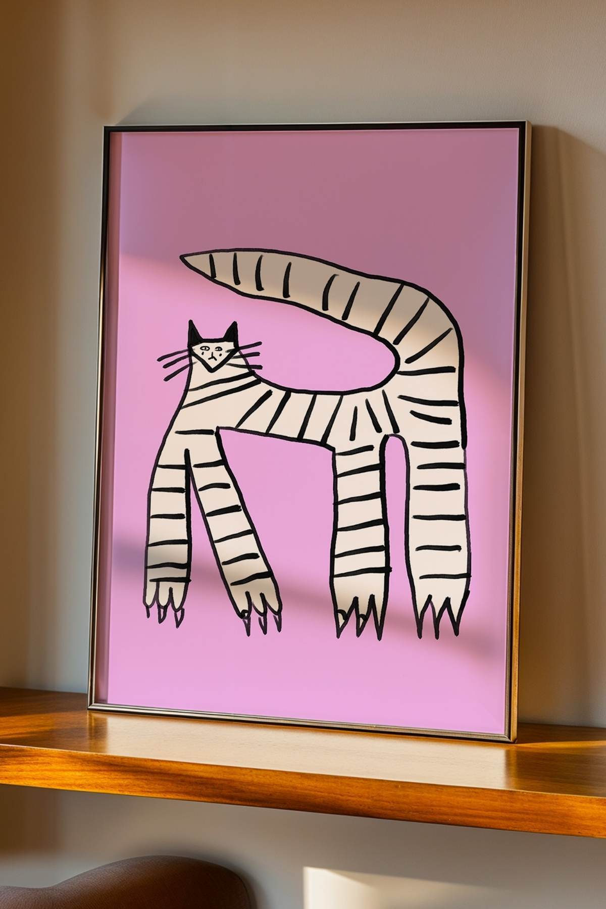Pembe Çizgili Kedi Tablo Modern Poster Duvar Dekoru Çerçevesiz