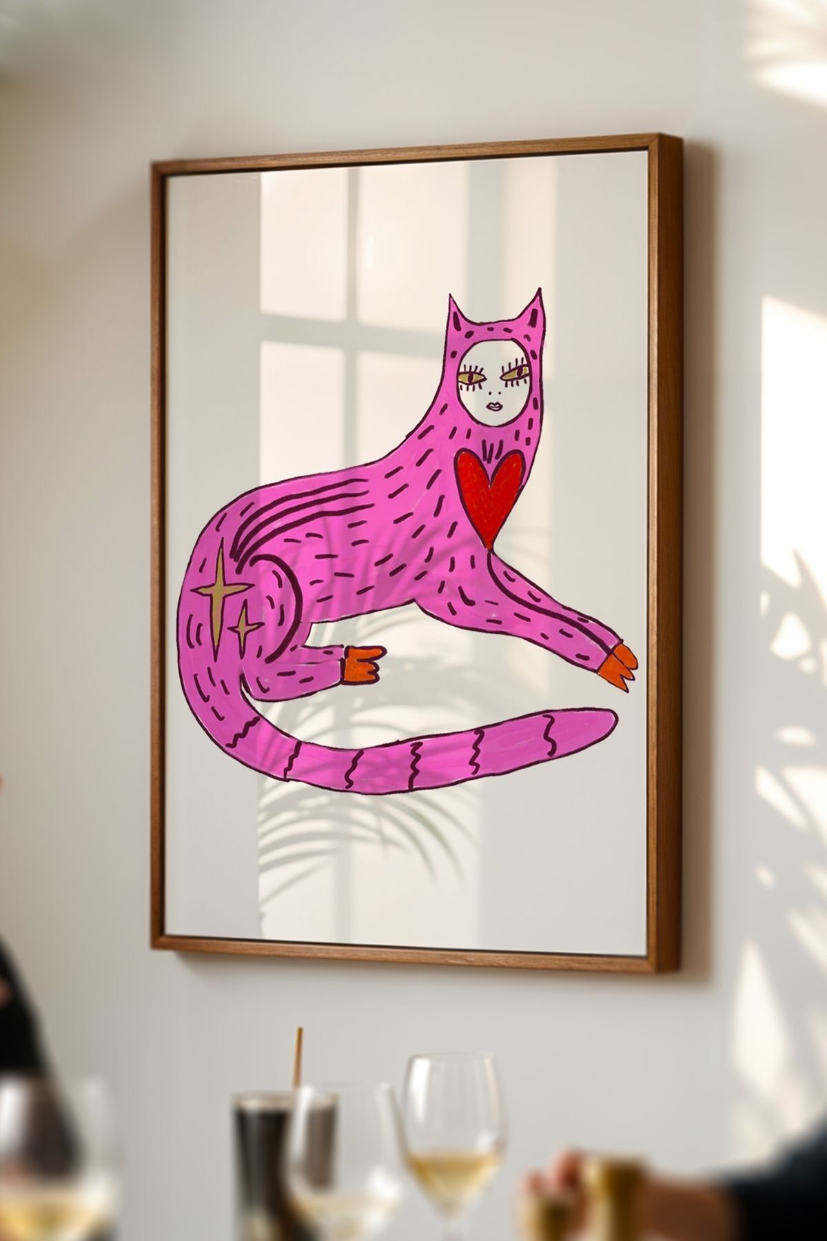 Pembe Kedi Modern Tablo Sanatsal Poster Duvar Dekoru Çerçevesiz