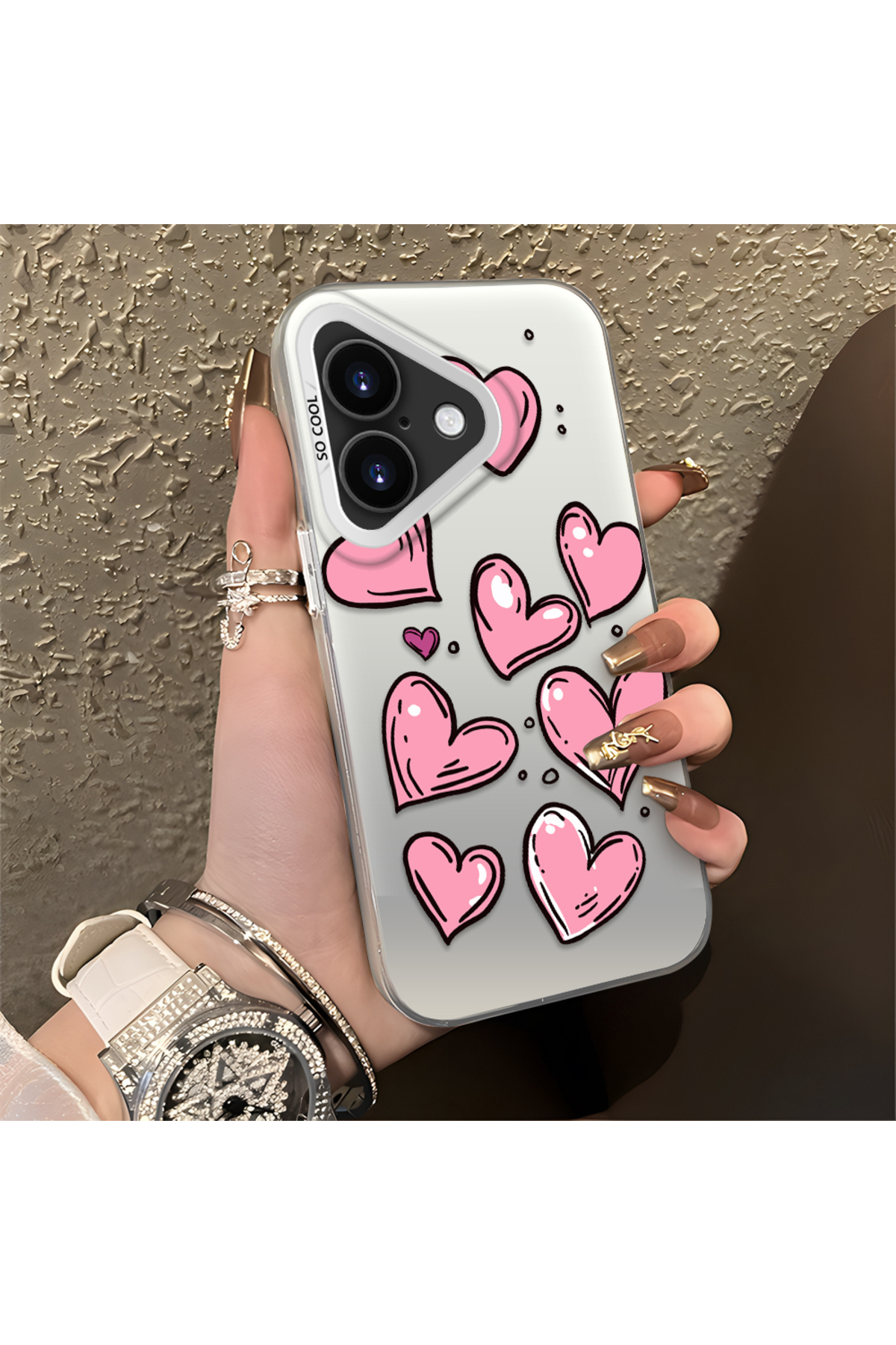 iPhone 16 Plus Compatible Silicone Edge Hard Back Anti Fall Phone Case Heart Pattern