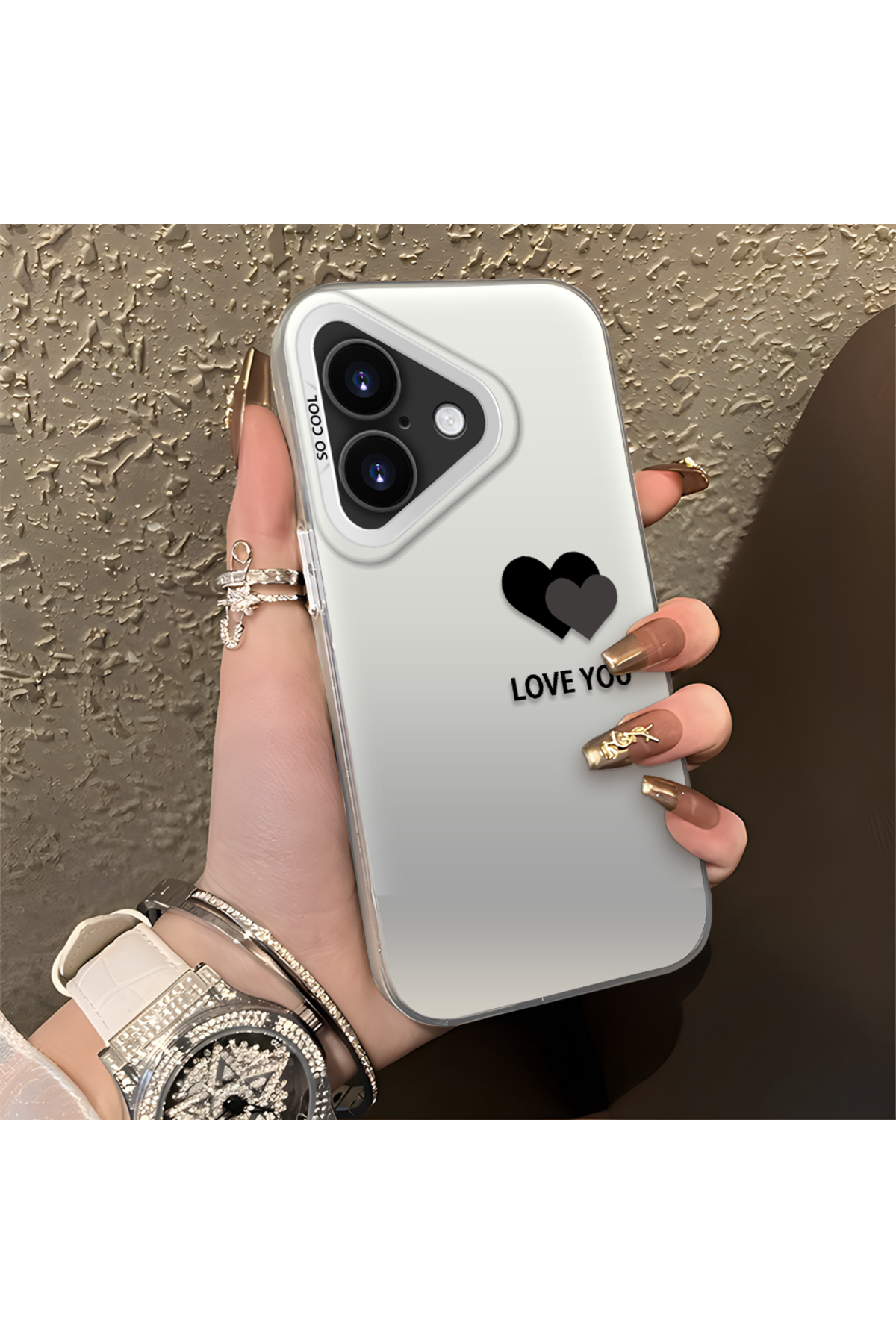 iPhone 16 Plus Compatible Heart Patterned Silicone Edge Hard Back Anti Fall Phone Case