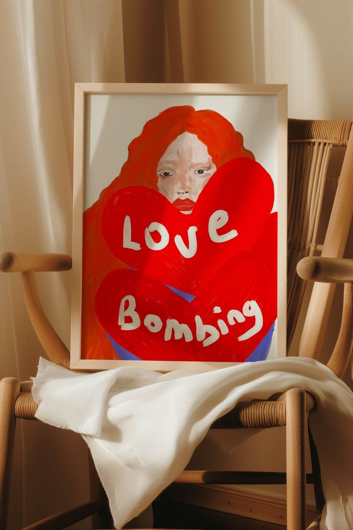 Kırmızı Kalpli Kadın Tablo Love Bombing Yazılı Poster Modern Duvar Dekoru Çerçevesiz