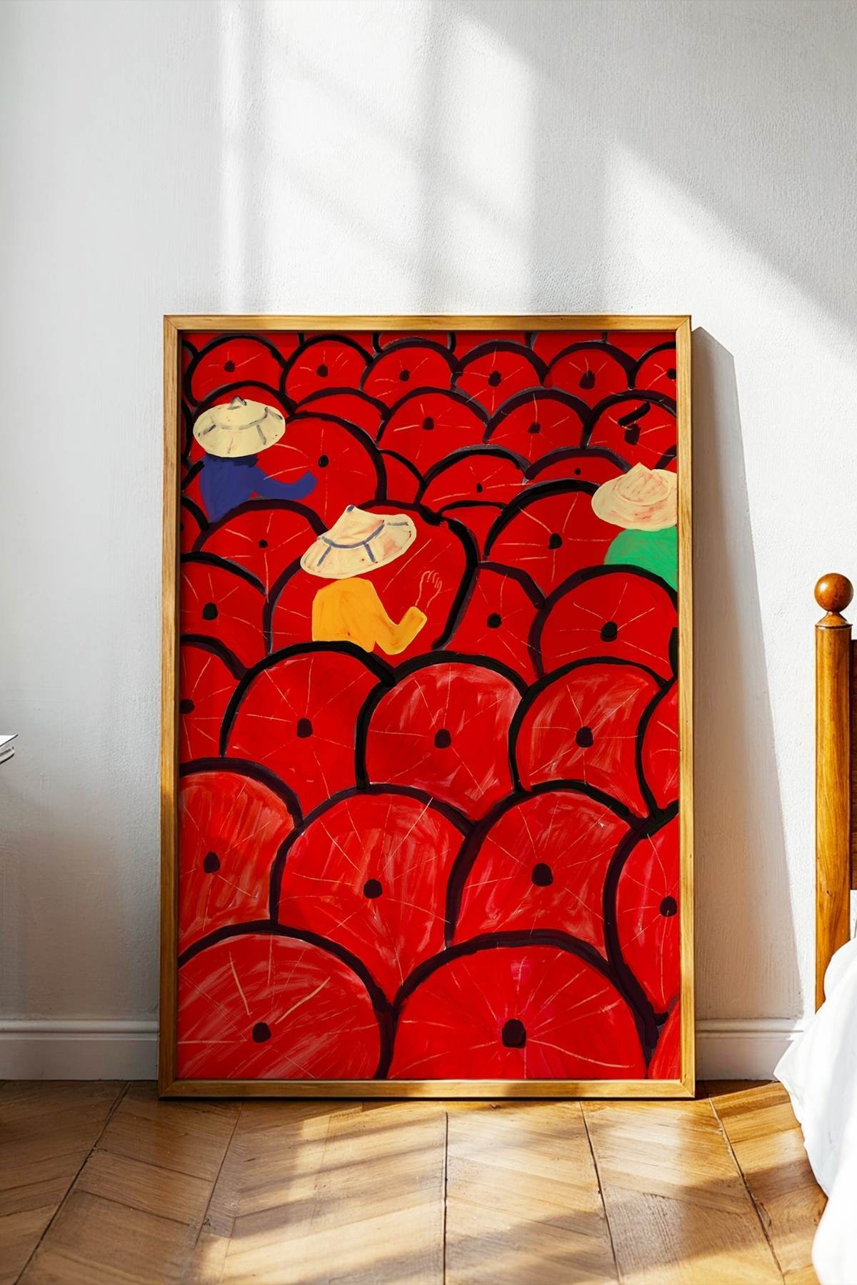 Kırmızı Tarlada Çalışan Kadın Figürlü Tablo Modern Poster Duvar Dekoru Çerçevesiz