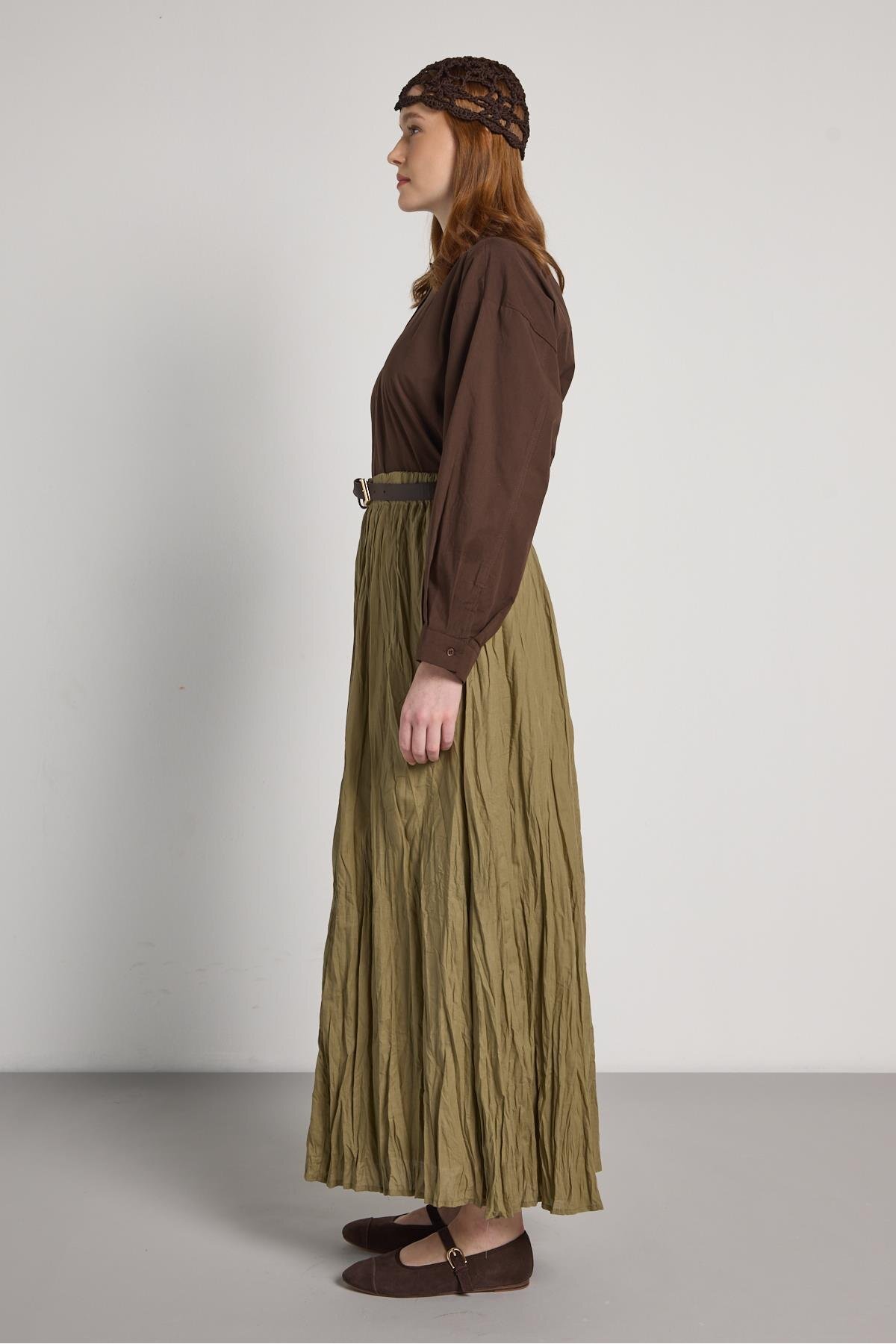 minaaise  Kadın Haki Vual Kumaş Kırışık Uzun Astarlı Etek 29062 - Görsel 2