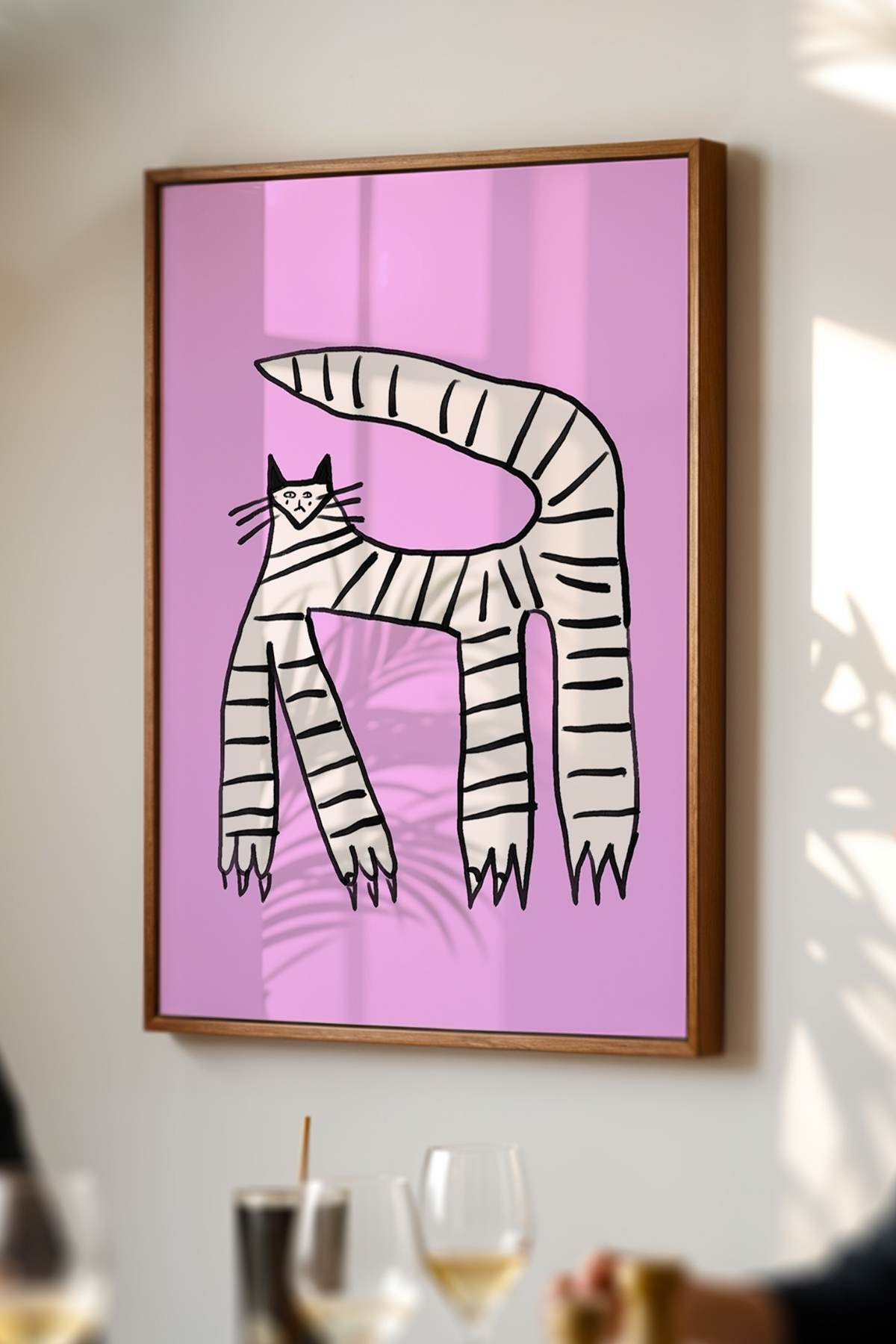Pembe Çizgili Kedi Tablo Modern Poster Duvar Dekoru Çerçevesiz