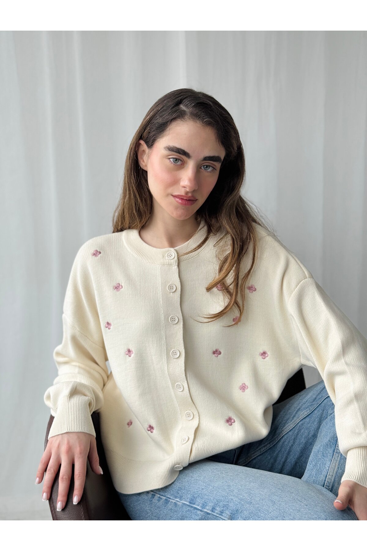 Retrobird  Nakış İşlemeli Romantik Hırka Kadın Krem Lila - Görsel 4