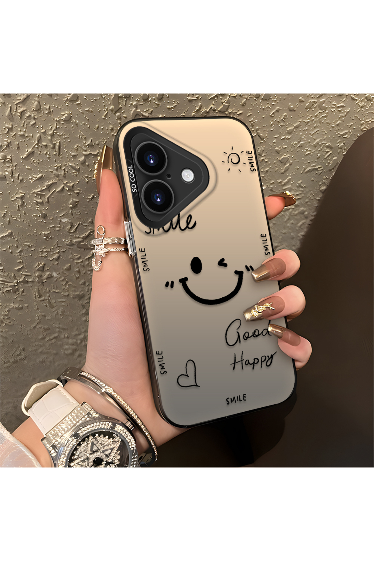 iPhone 16 Plus Compatible Silicone Edge Hard Back Anti Fall Phone Case with Smile Pattern