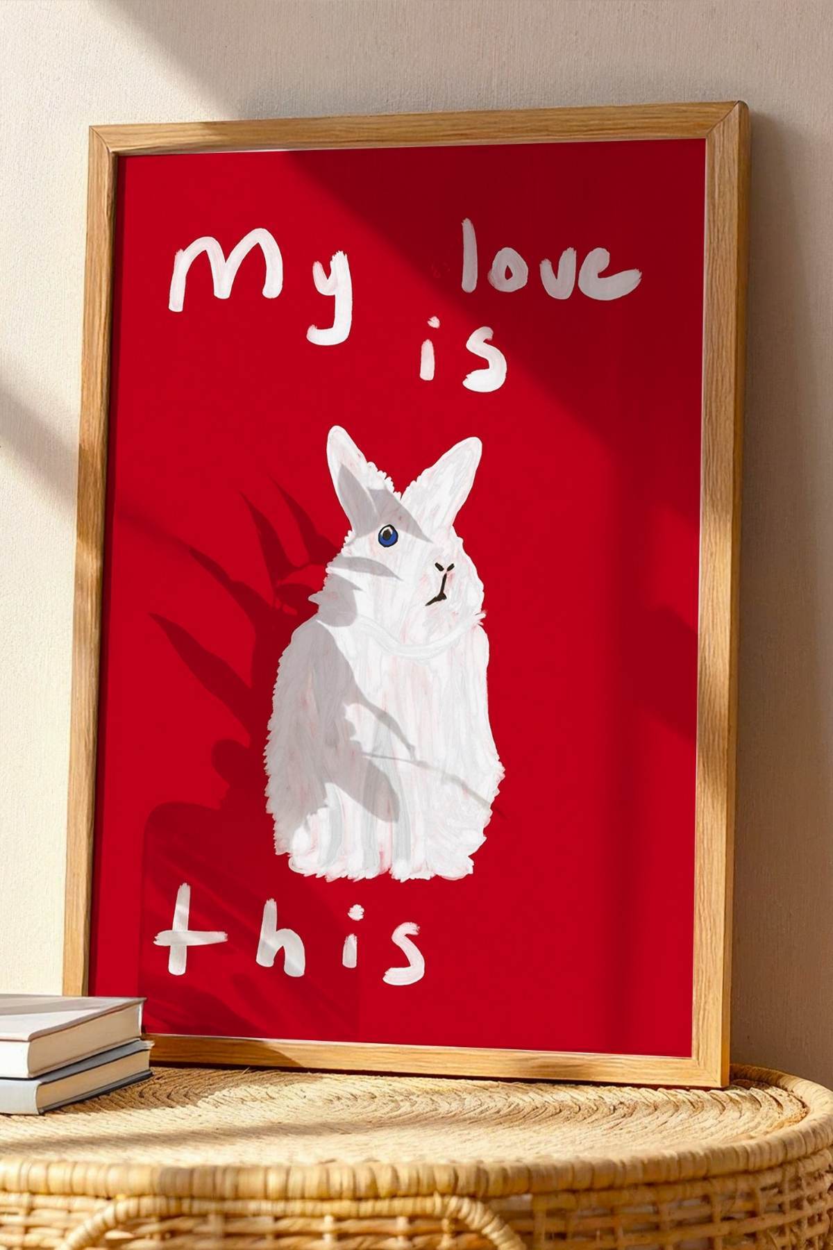 Kırmızı Zeminli Tavşan Figürlü Yazılı Modern Poster Tablo Duvar Dekoru Çerçevesiz