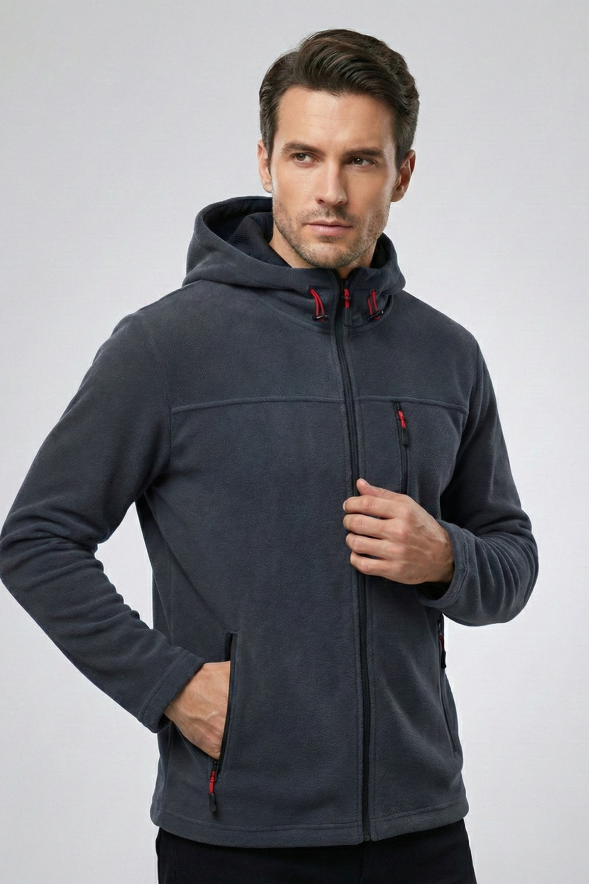 Men's Gray Hooded Fleece with 3 Pockets Long Zipper