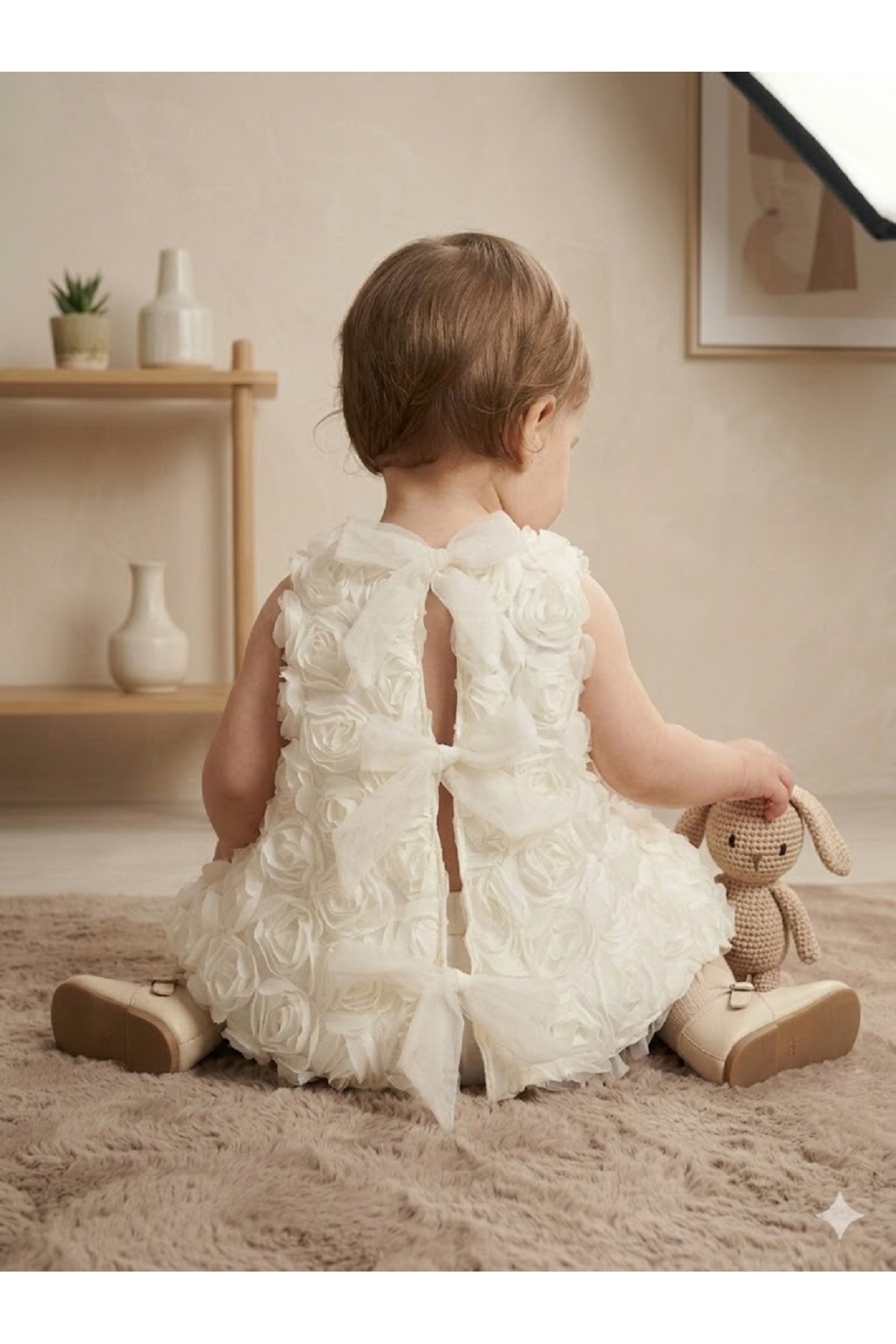 Cumino Kız bebek 3 boyutlu çiçekli abiye elbise 2 parça külot elbise arkası fiyonklu fotoğrafı 4 (önizleme)