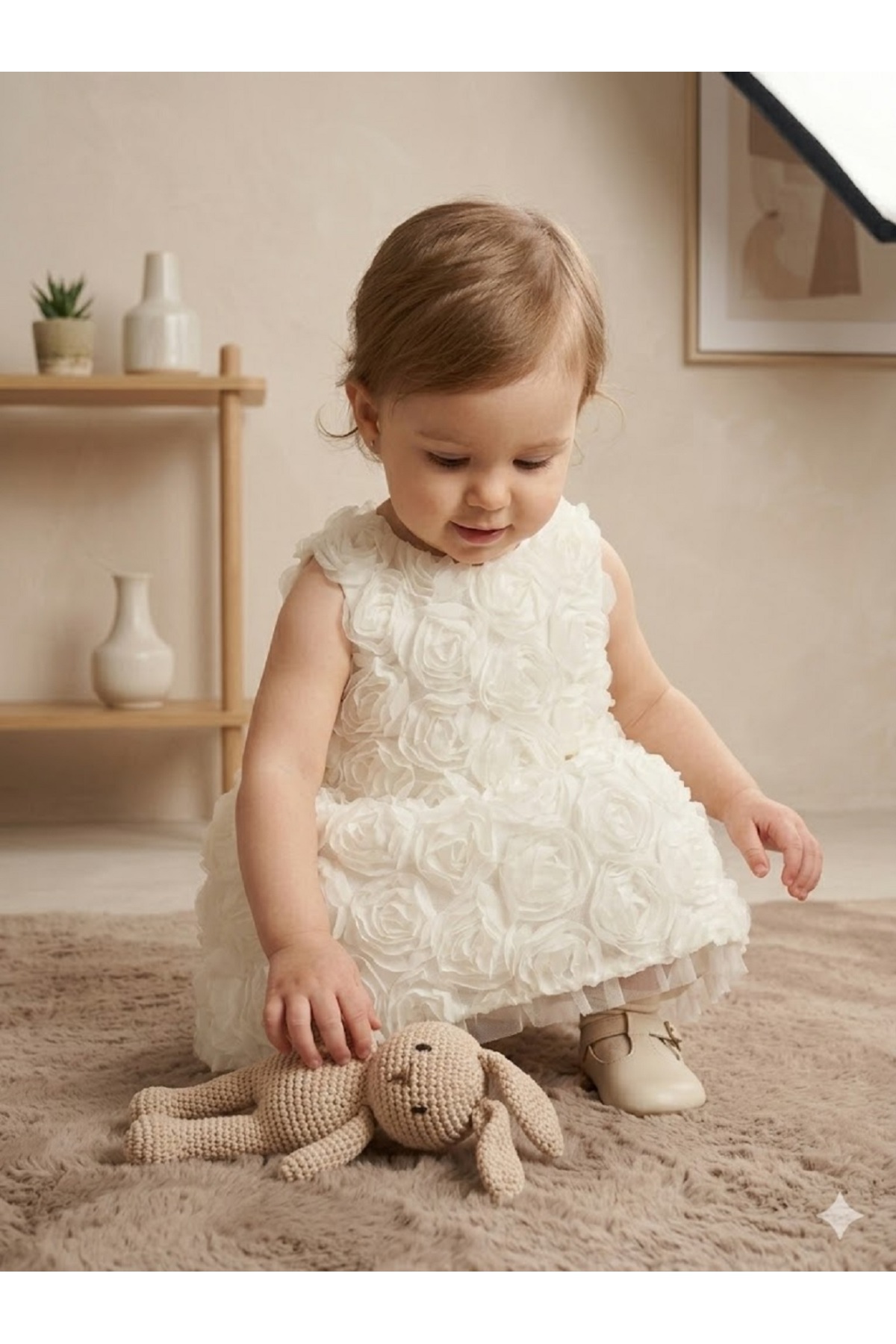 Cumino Kız bebek 3 boyutlu çiçekli abiye elbise 2 parça külot elbise arkası fiyonklu fotoğrafı 3 (önizleme)