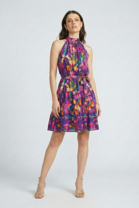 Aryena Bel Kuşaklı Desenli Premium Viskon Elbise