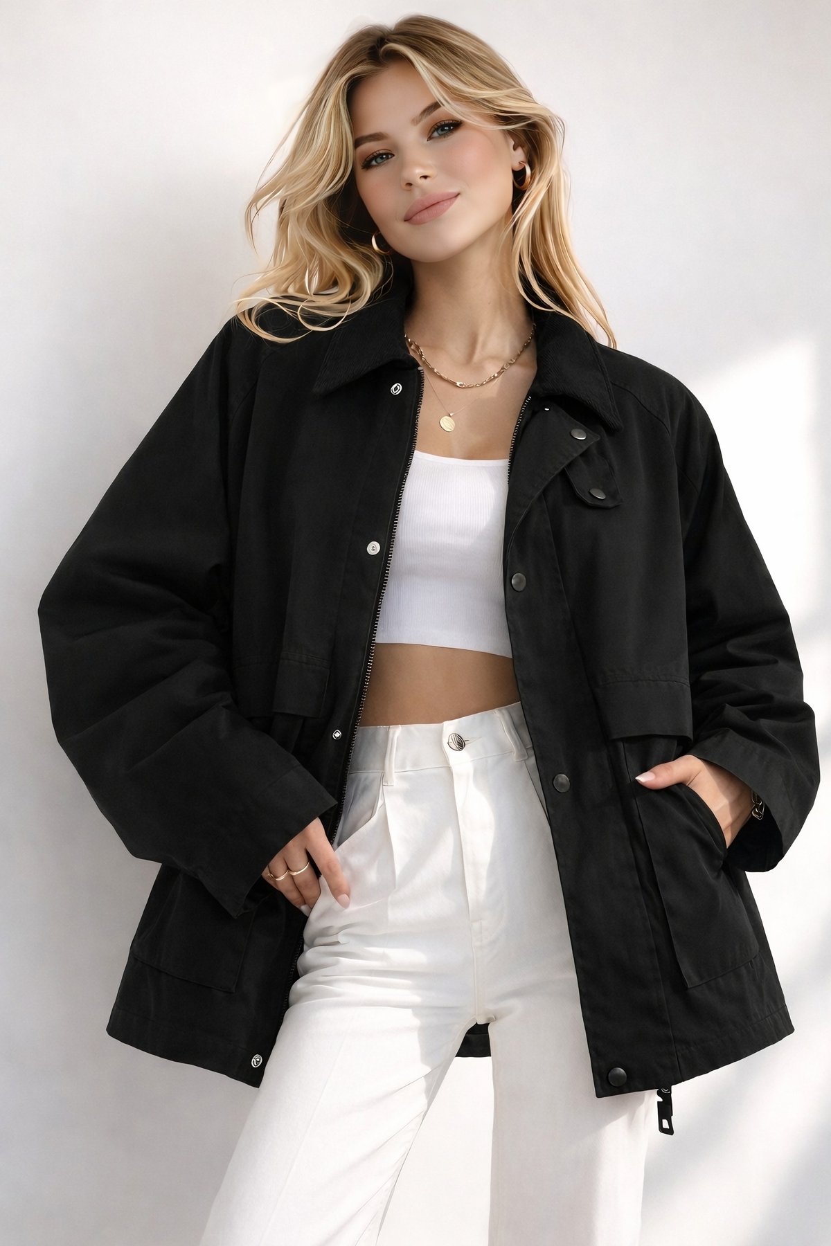 EA LİNE  Siyah Oversize Kadife Yaka ve Çıtçıt Detaylı Unisex Mevsimlik Mont&Ceket - Görsel 4