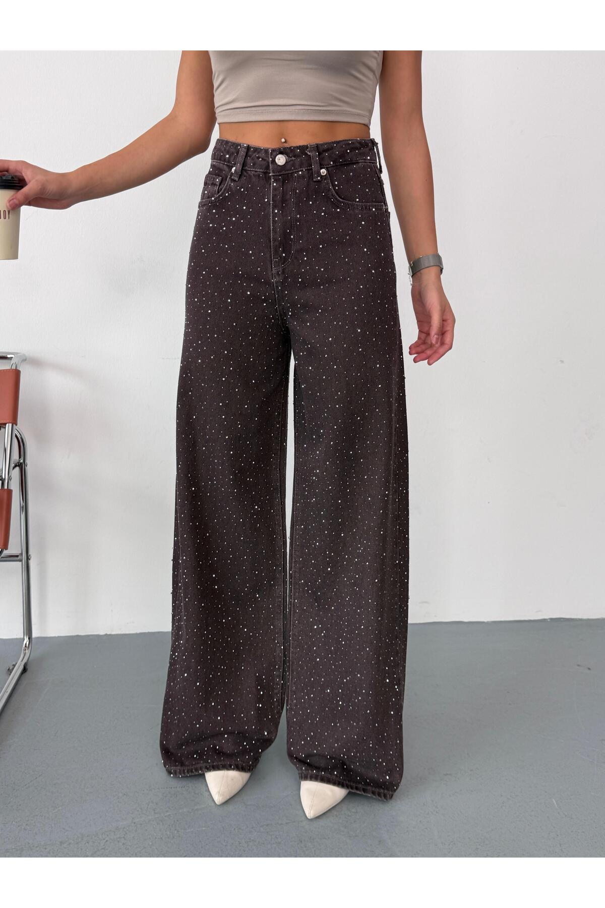 Vooz  Kadın Taşlı Baggy Jean Yüksek Bel Bol Paça Pantolon Kahverengi - Görsel 3