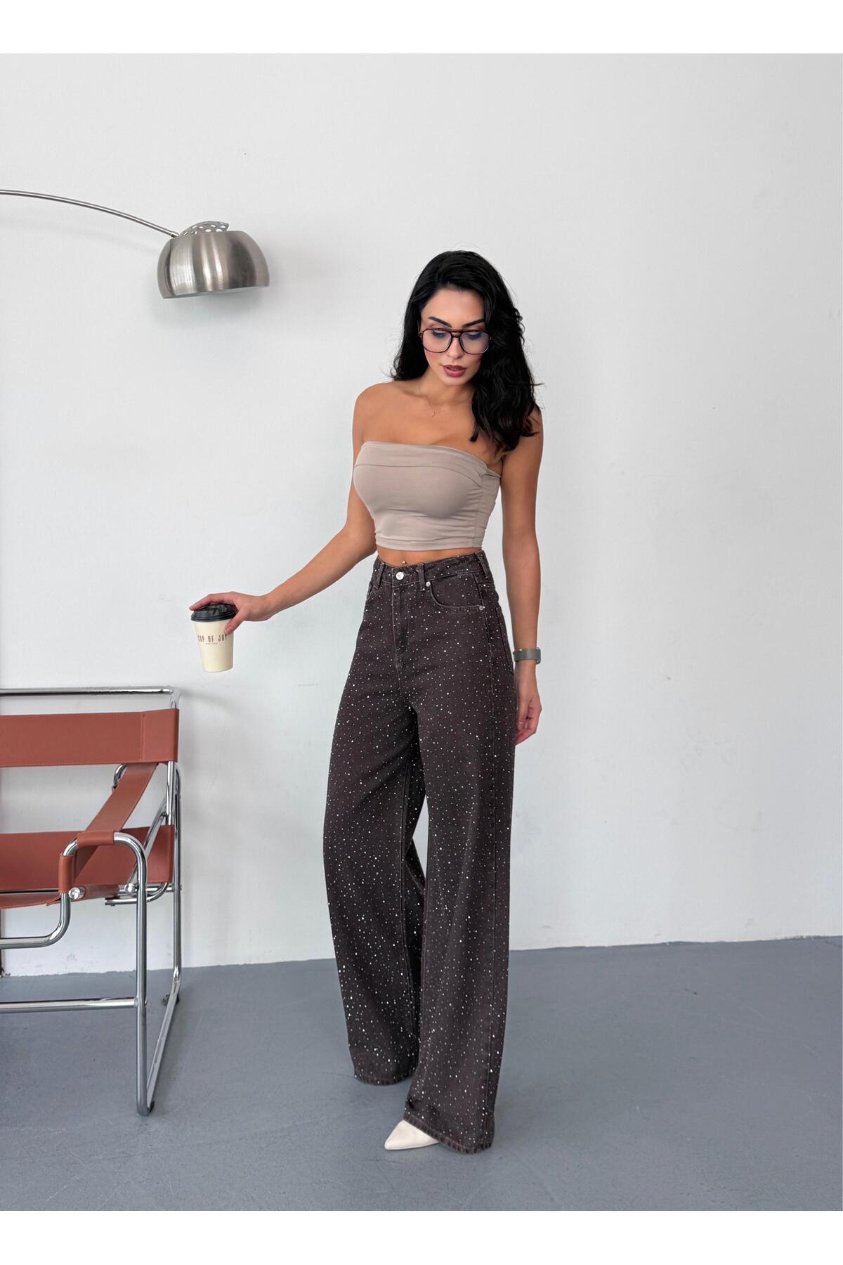 Vooz  Kadın Taşlı Baggy Jean Yüksek Bel Bol Paça Pantolon Kahverengi - Görsel 9