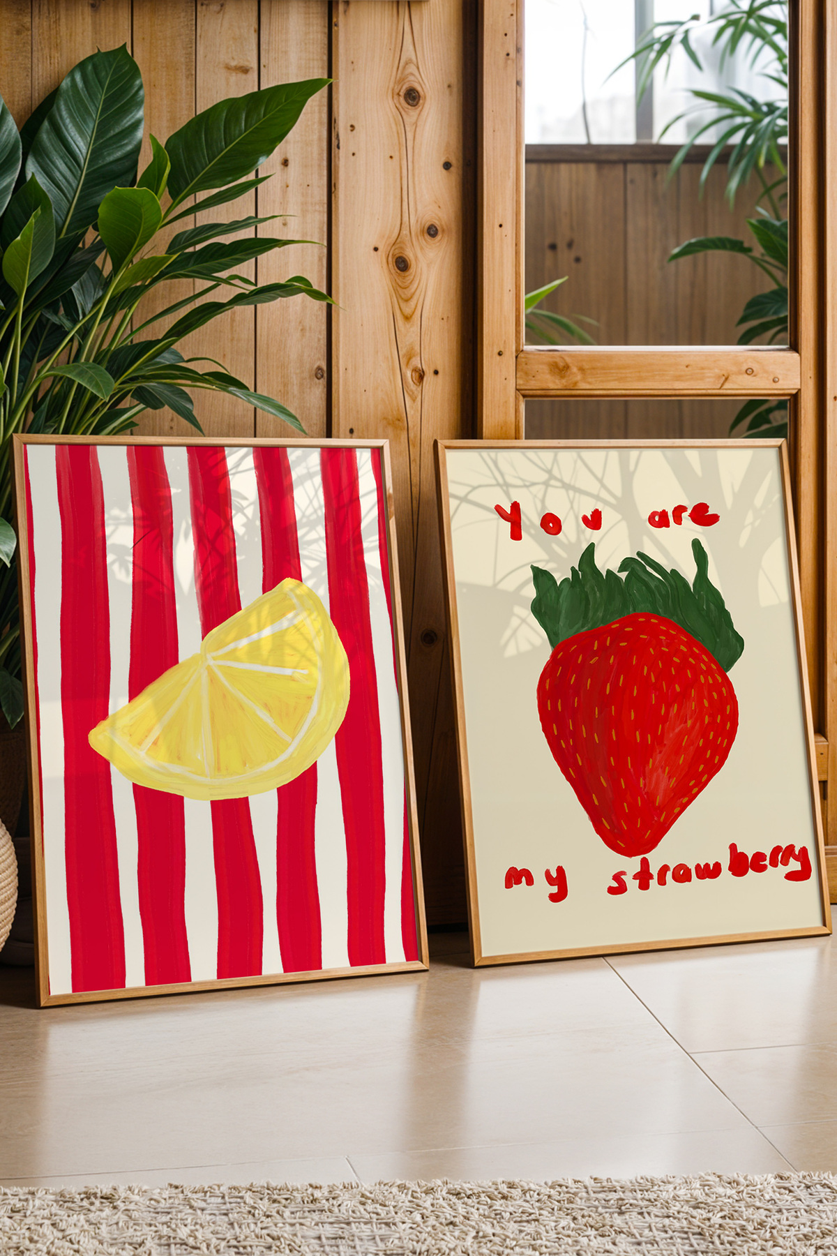 2’li Çilek ve Limon Tablo Poster Seti Renkli Mutfak Duvar Dekoru Çerçevesiz
