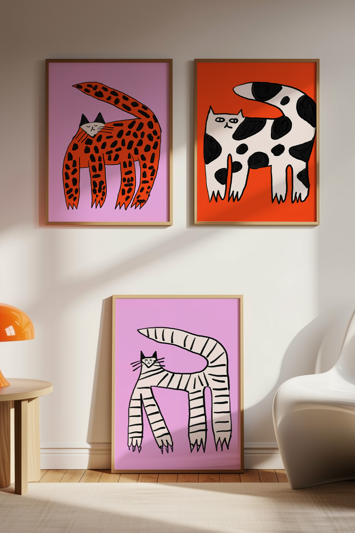 3’lü Kedi İllüstrasyon Tablo Poster Seti Çocuk Odası Dekoru Çerçevesiz