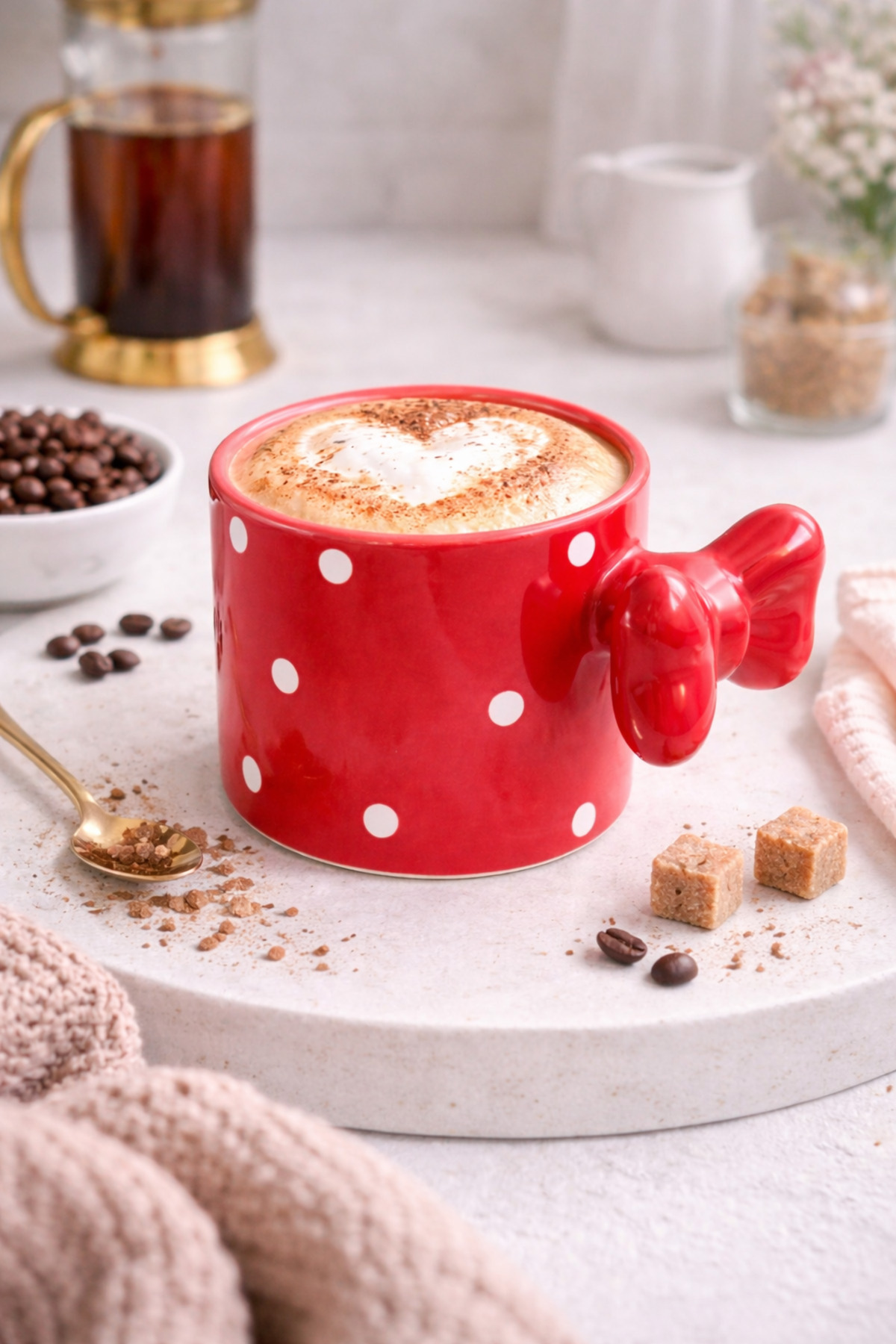 Red Polka Dot Ceramic Coffee Mug with Bow – Design Mug with 3D Handles