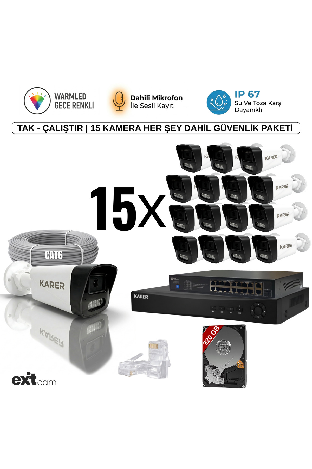 15'li IP KAMERA-POELİ-5MP-ULTRA HD-4K 1920 ÇÖZÜNÜRLÜK-SESLİ-GECE RENKLİ GÖRÜŞ-İNSAN ve PLAKA ALGILAM