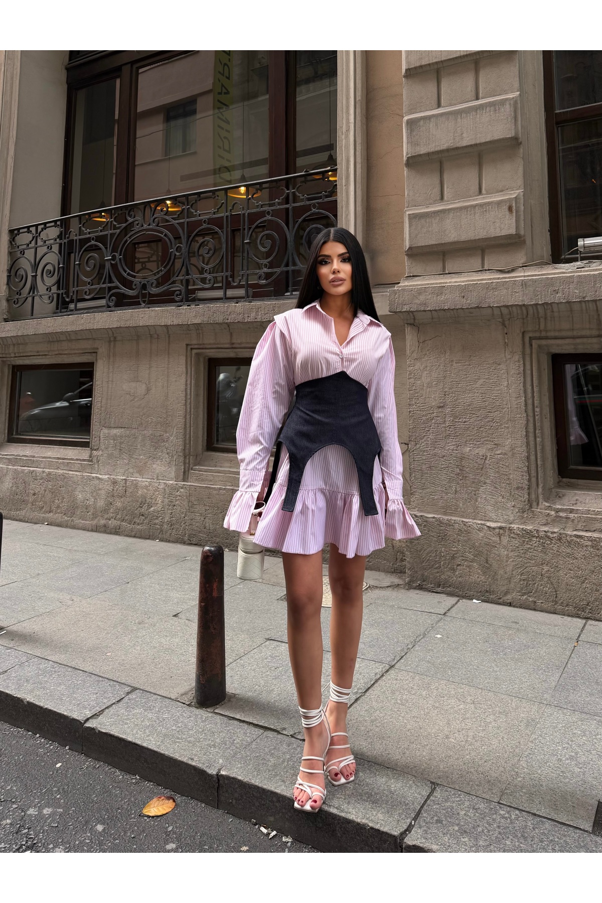 Bak'ap Tendință Premium denim Detaliu Corset cu dungi rochie tip cămașă