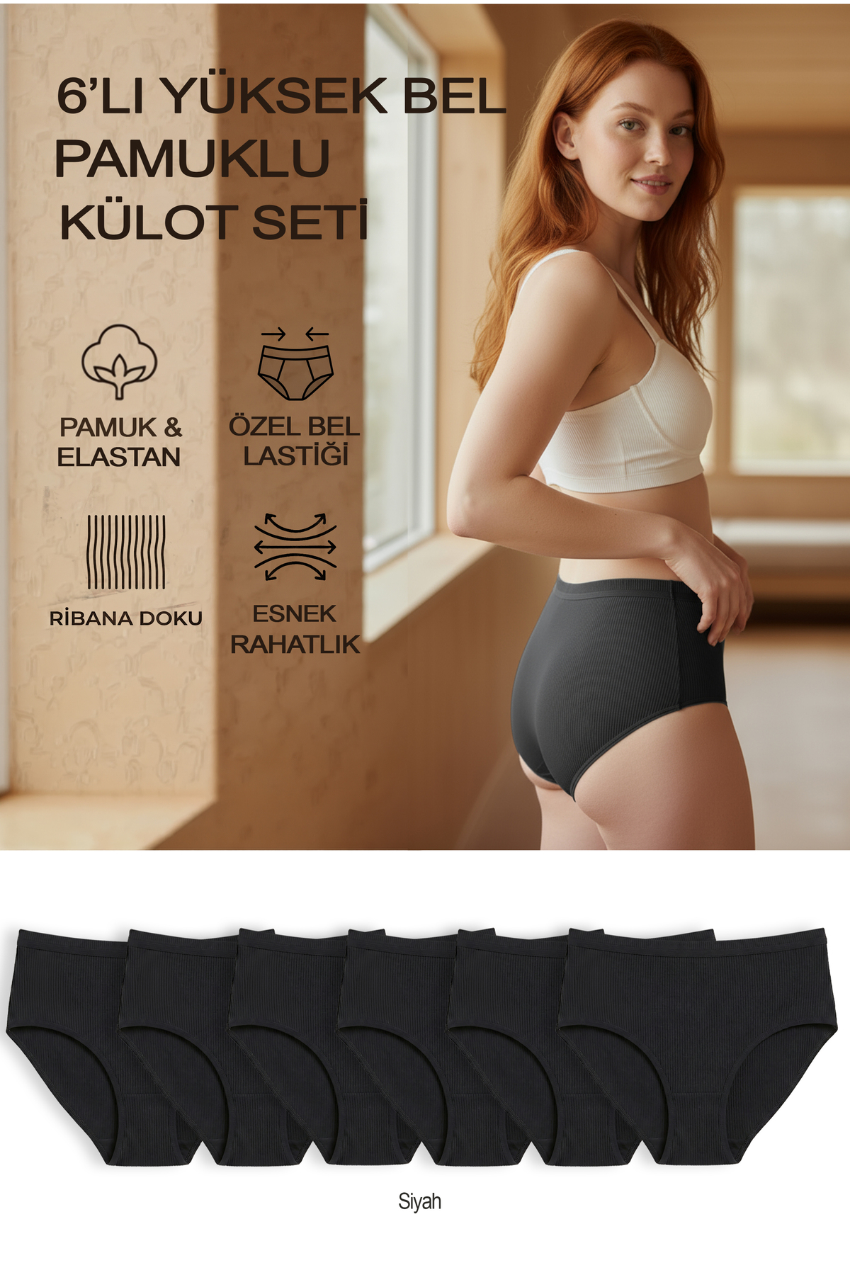 6-Piece High Waist Cotton Panty Set Black