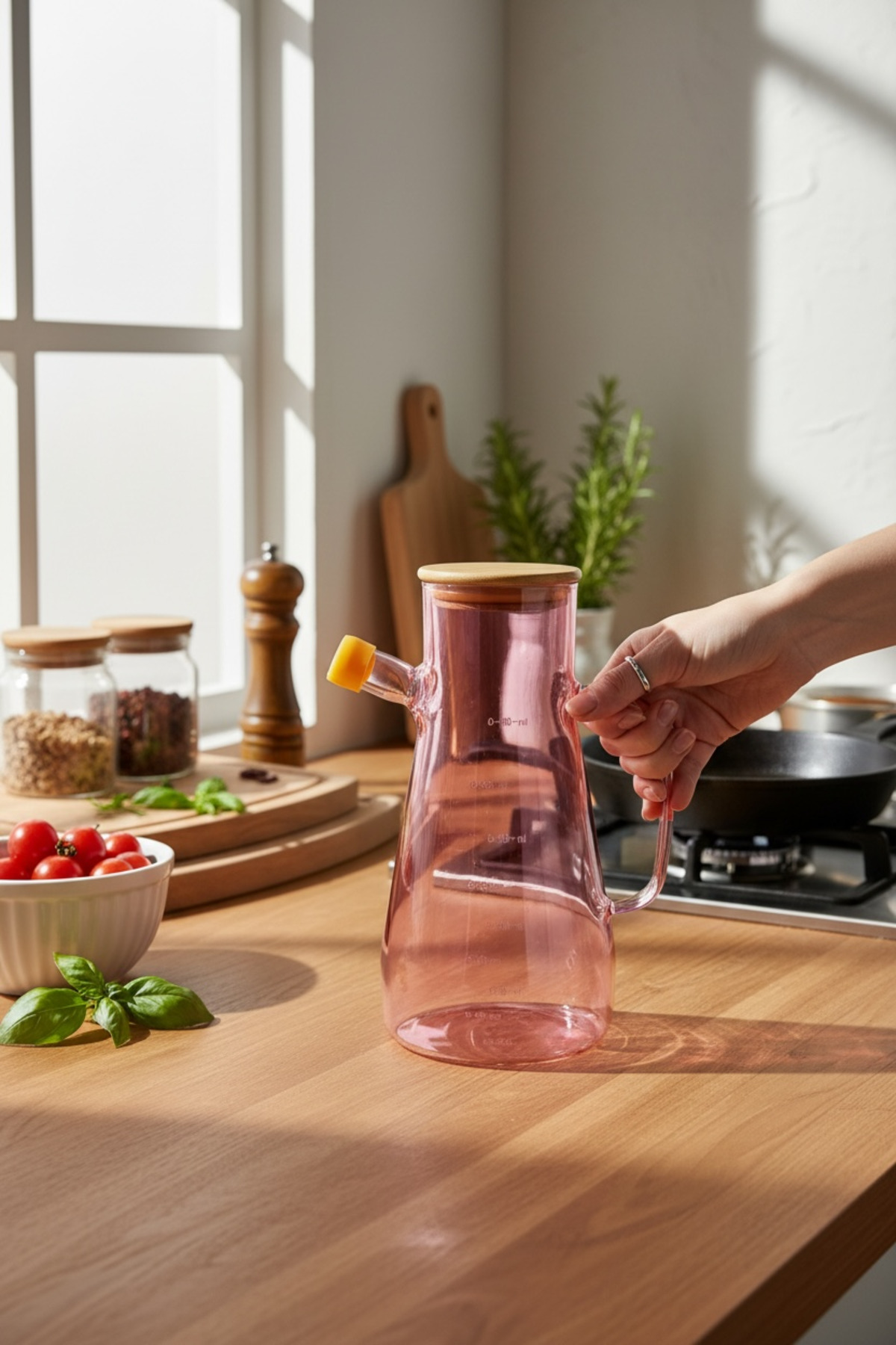 Renkli 900 ml Yağdanlık – Cam Yağ Şişesi, Sızdırmaz Kapaklı Bambu Kapaklı